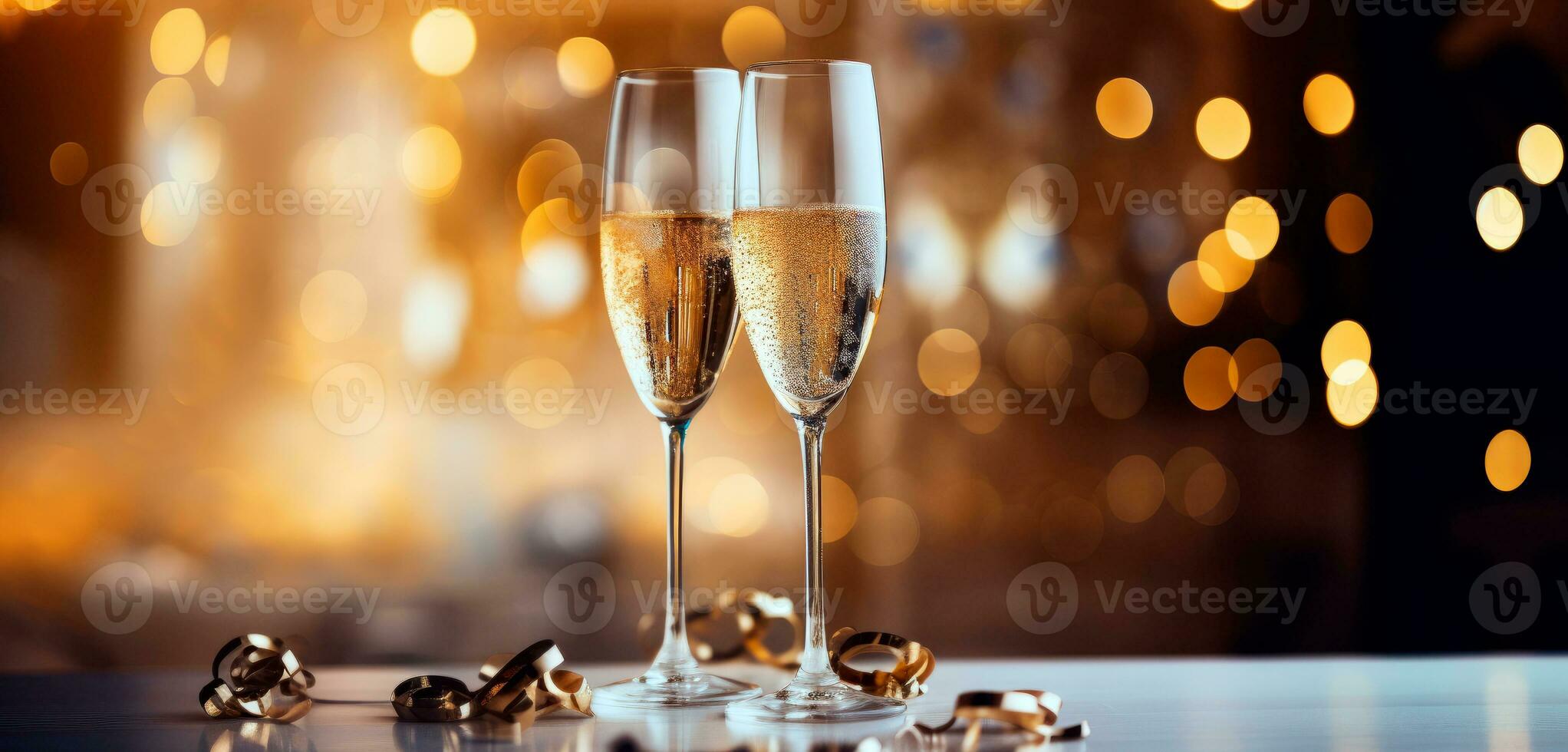 Celebration with champagne. Two glasses of champagne with confetti, glitter, serpentine and lights. New Years Eve concept. AI Generative photo