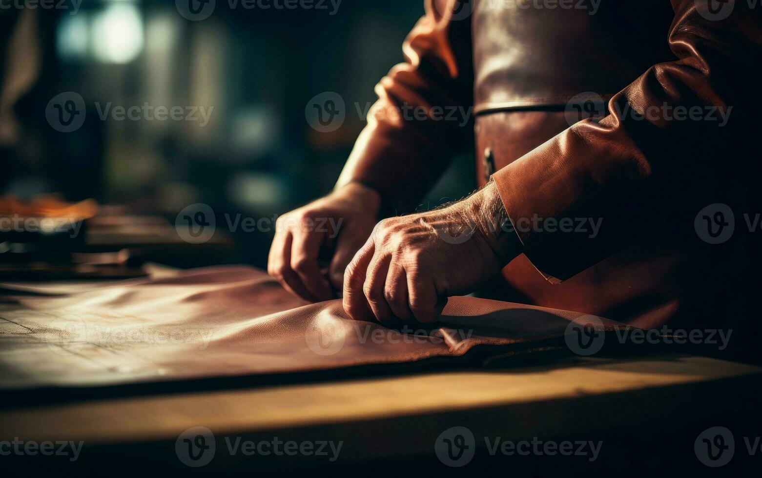 Artisan man working with leather. Closeup photo showing the process of making leather goods. AI Generative