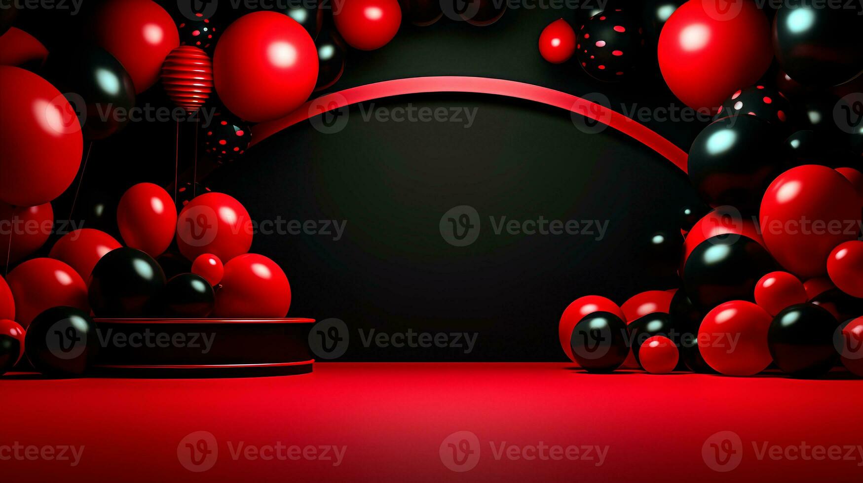 Red and black spheres over red surface and black background. Black Friday concept. Template mockup for text, logo and product presentation. AI Generative photo