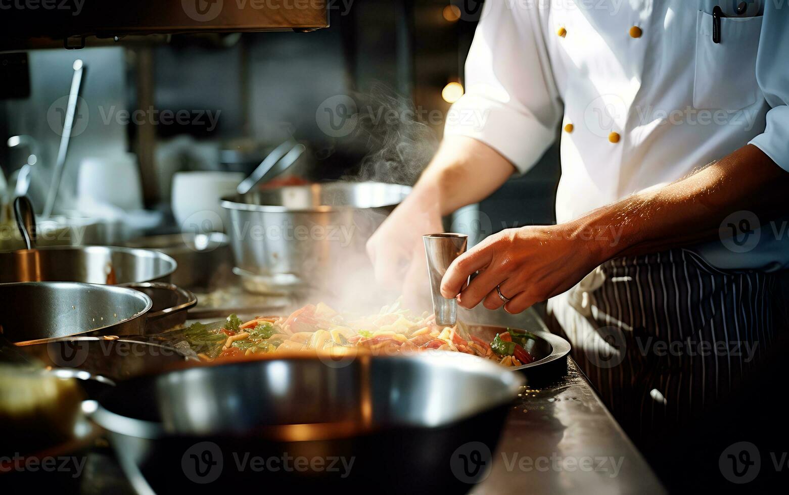 Professional chef cooking in the kitchen. Gourmet experience concept. AI Generative photo