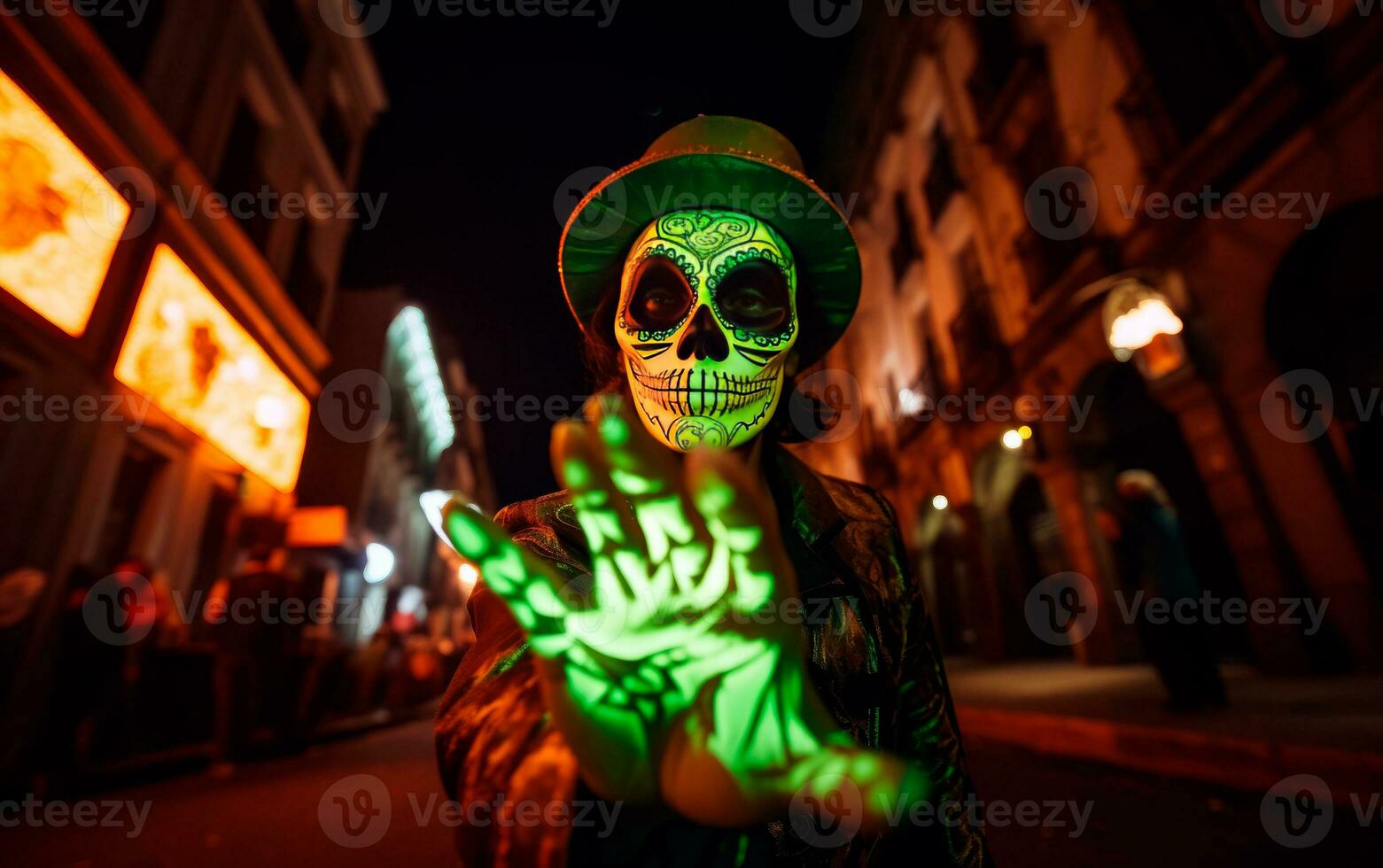 retrato de de miedo hombre con mexicano cráneo maquillaje en el calle. día de el muerto. Víspera de Todos los Santos traje. ai generativo foto