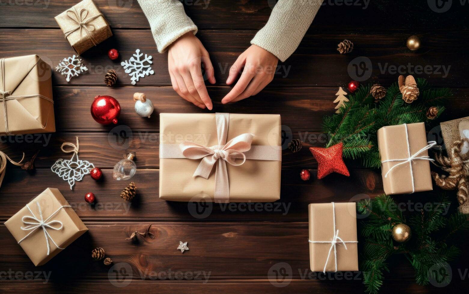 Top view of hands wrapping Christmas gifts over wooden surface. AI Generative photo