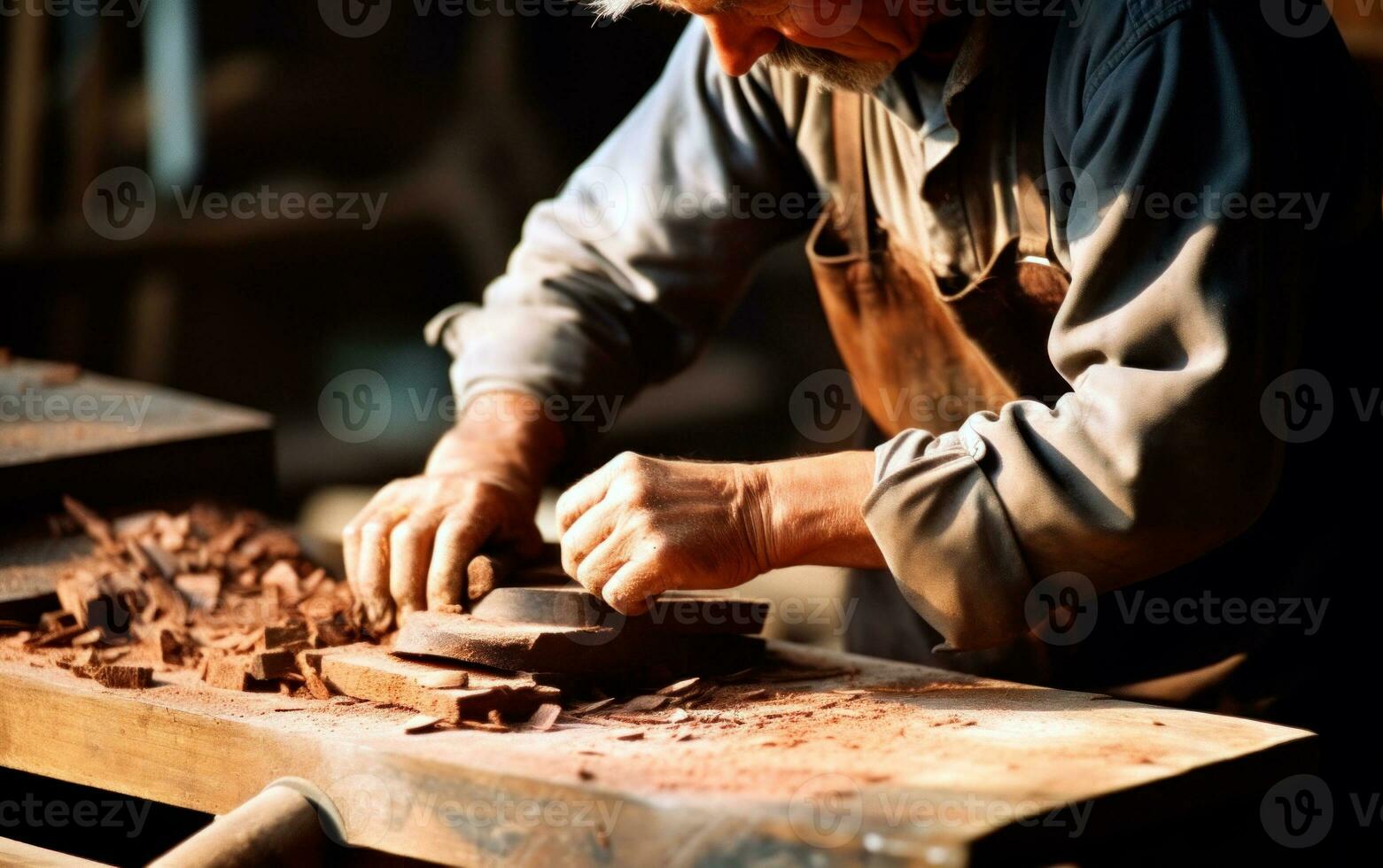 Carpenter in his workshop working with wood. Closeup photo of the process. AI Generative