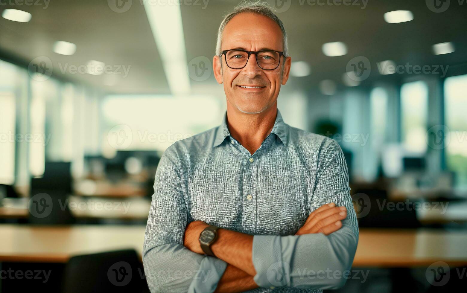 negocio hombre retrato con Gafas de sol y borroso oficina en antecedentes. ai generativo foto