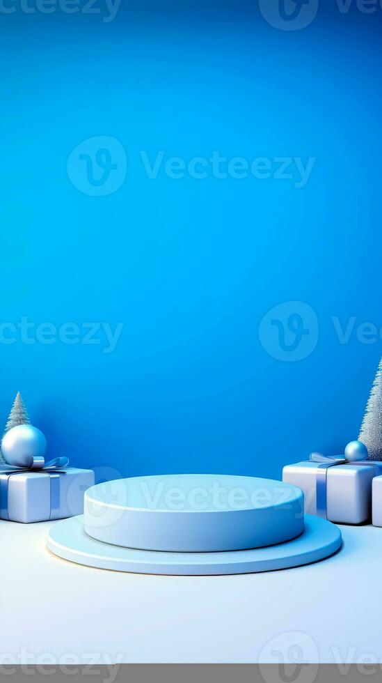 Minimal scene with balls, snow, gifts and pine trees for Christmas product presentation. Vertical 3D render for social media. Stage decorated for Christmas. AI Generative photo