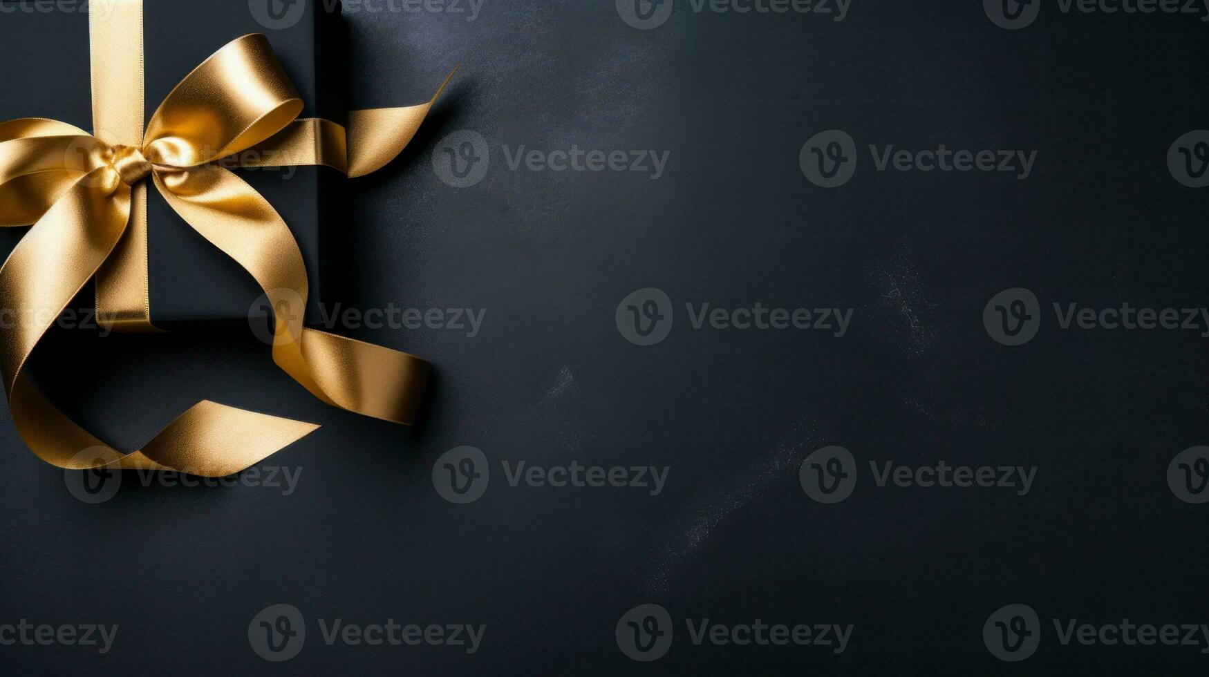 Black background with black gift boxes and golden ribbon bow. Wallpaper with copy space. Black Friday concept. Template mockup for text, logo and product presentation. AI Generative photo