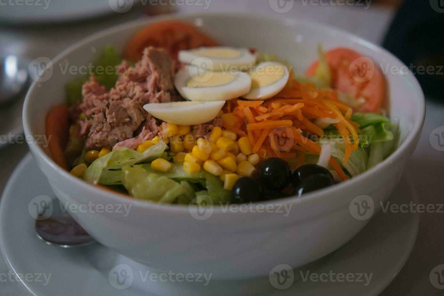 delicioso y Fresco mezclado ensalada con atún, tomate, hervido huevos, lechuga, dulce maíz, rallado Zanahoria y negro Olivos. foto