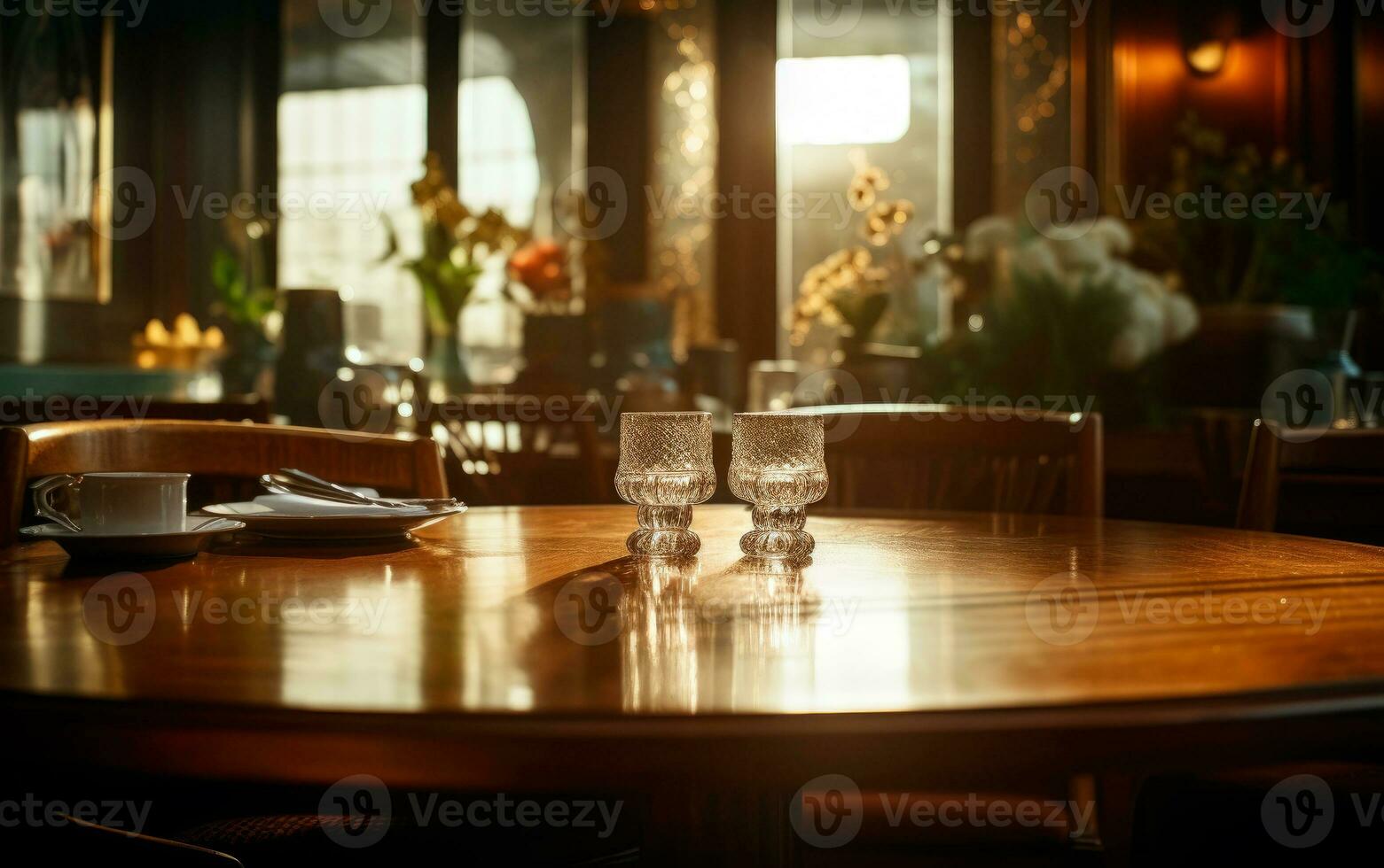 Classic wooden table with two glasses in cozy restaurant. Space for product. Elegant and select restaurant table. photo