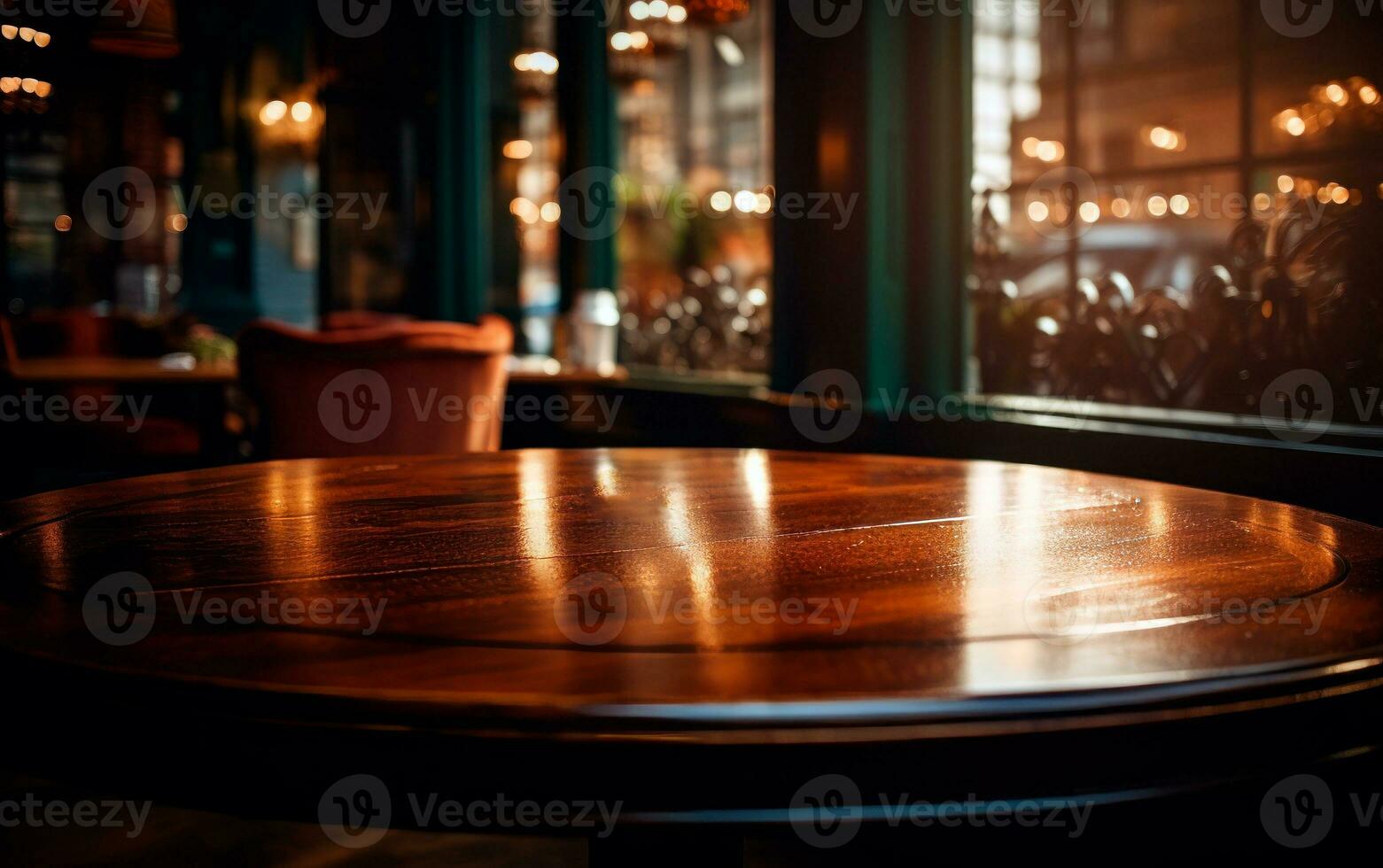 Classic wooden table of cozy restaurant. Space for product. Elegant and select restaurant table. photo