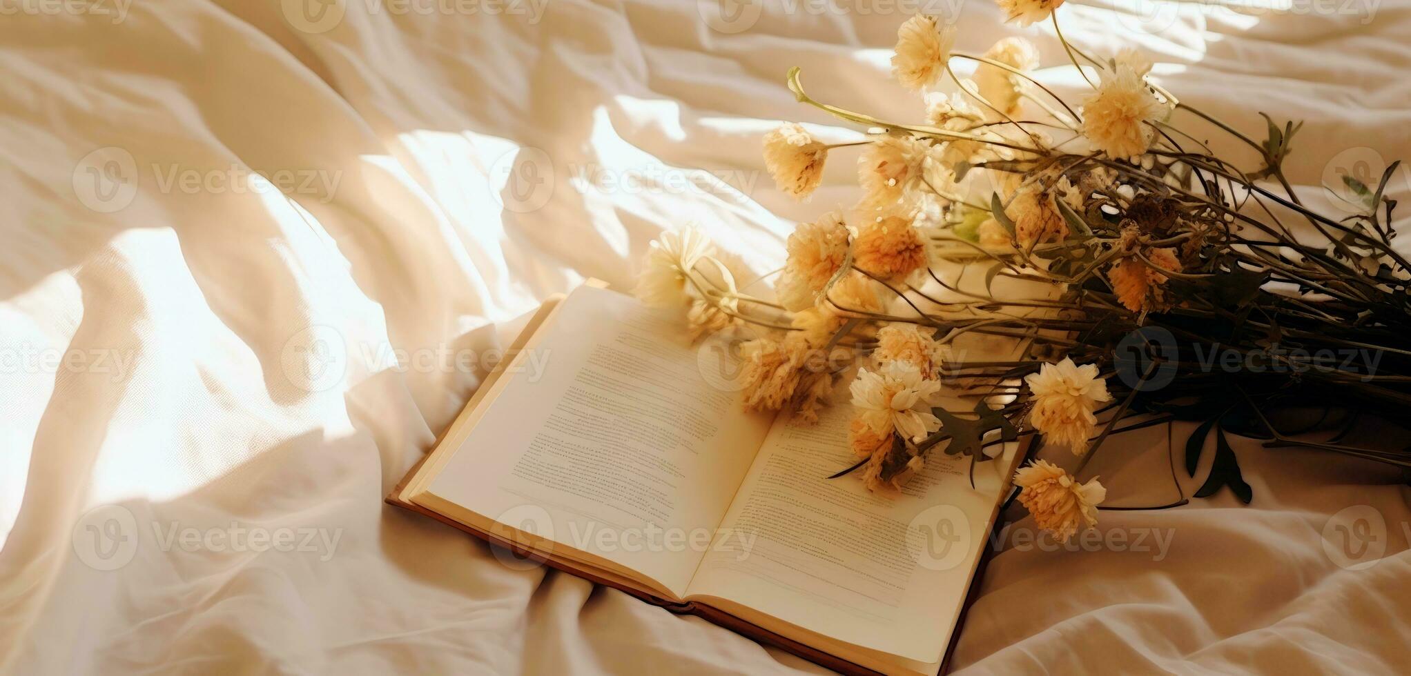 Banner of cozy morning on the bed with flowers and sun rays coming in. Photo with copy space. AI Generative