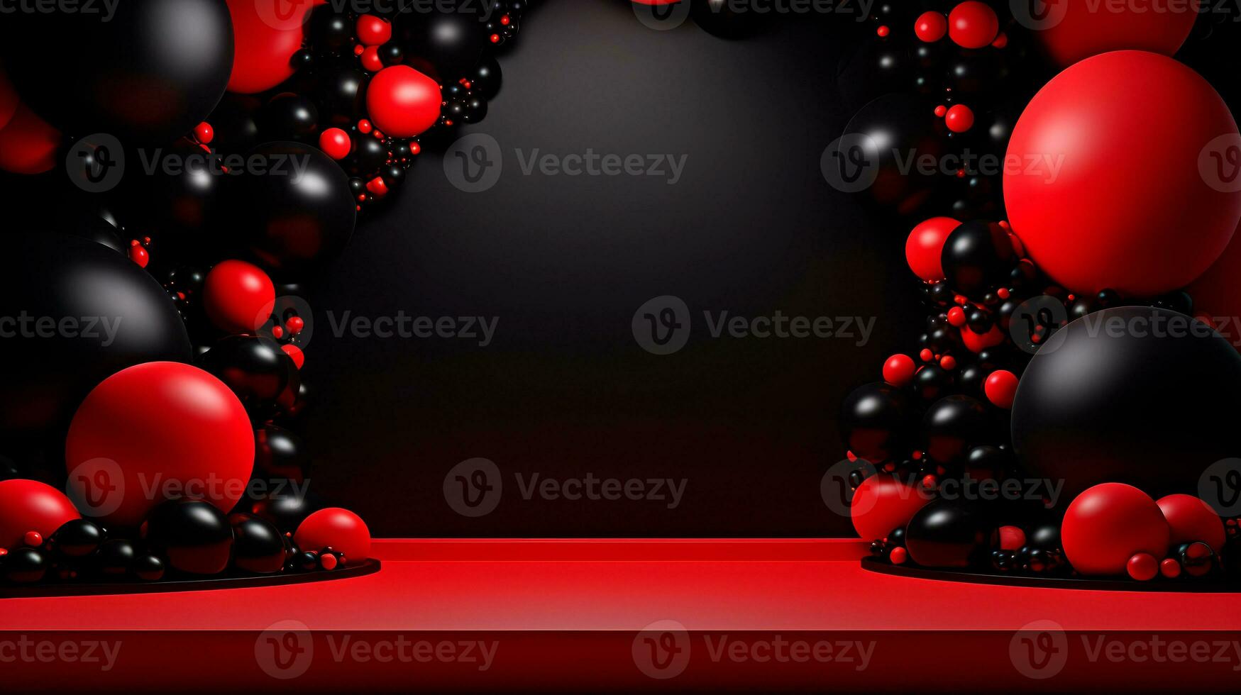 Red and black spheres over red surface and black background. Black Friday concept. Template mockup for text, logo and product presentation. AI Generative photo