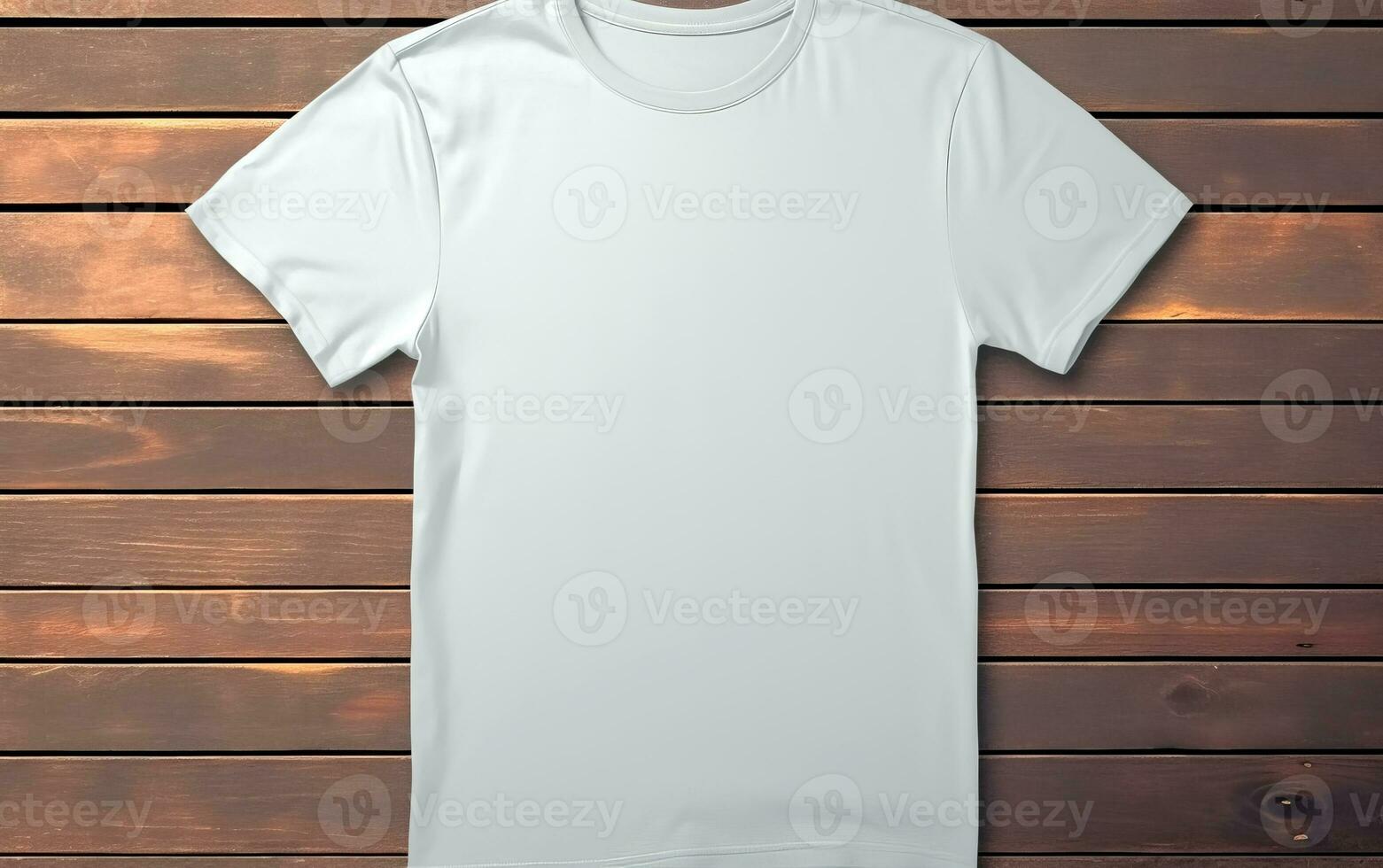 White T-Shirt on wood background for template and mockup. Cut out front t-shirt for comercial use. AI Generative photo