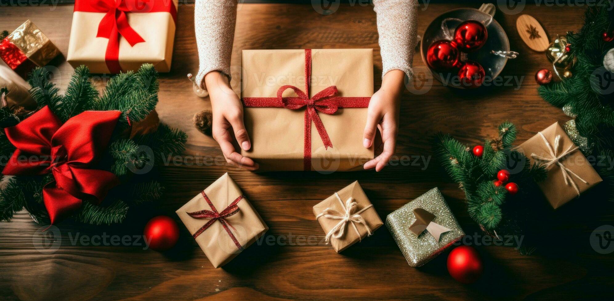 Top view of hands wrapping Christmas gifts over wooden surface. AI Generative photo