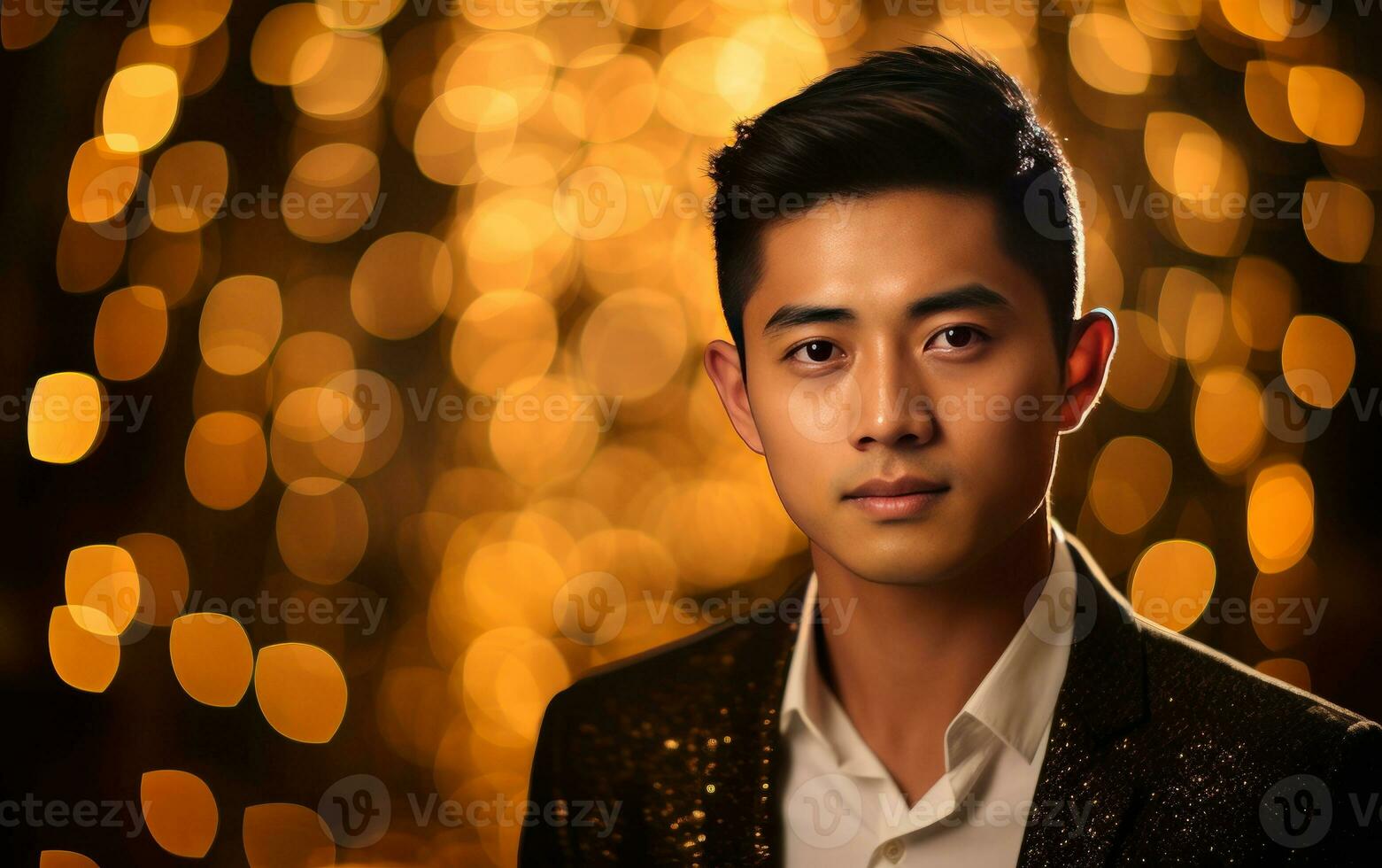 Attractive serious asian man over dark golden bokeh background. AI Generative photo