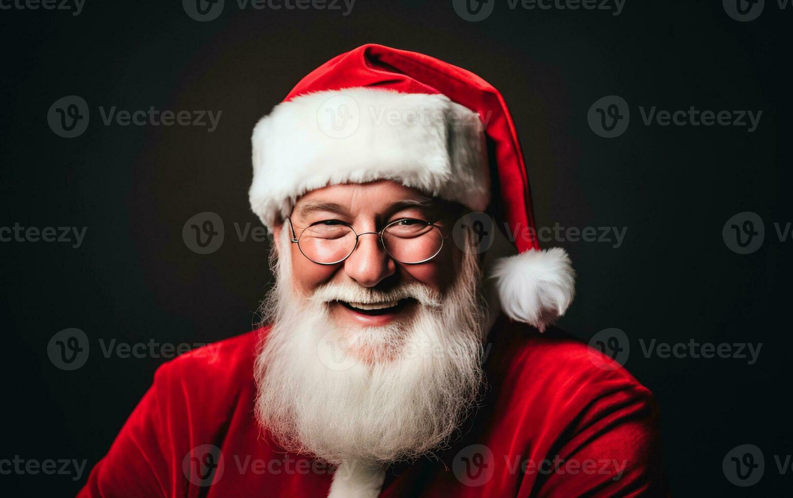 Cheerful Santa Claus portrait over black background. Merry Christmas concept. AI Generative photo