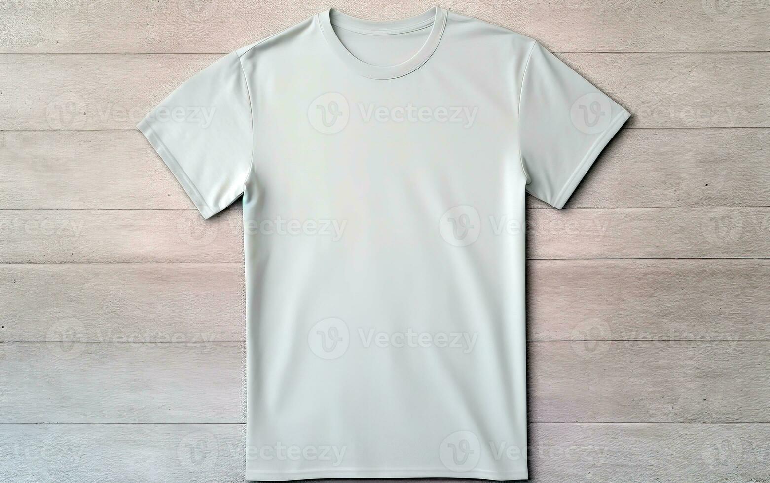 White T-Shirt on wood background for template and mockup. Cut out front t-shirt for comercial use. AI Generative photo