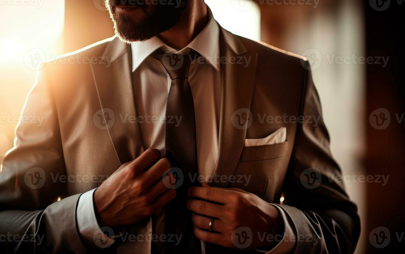 Closeup photo of businessman adjusting his necktie. AI Generative