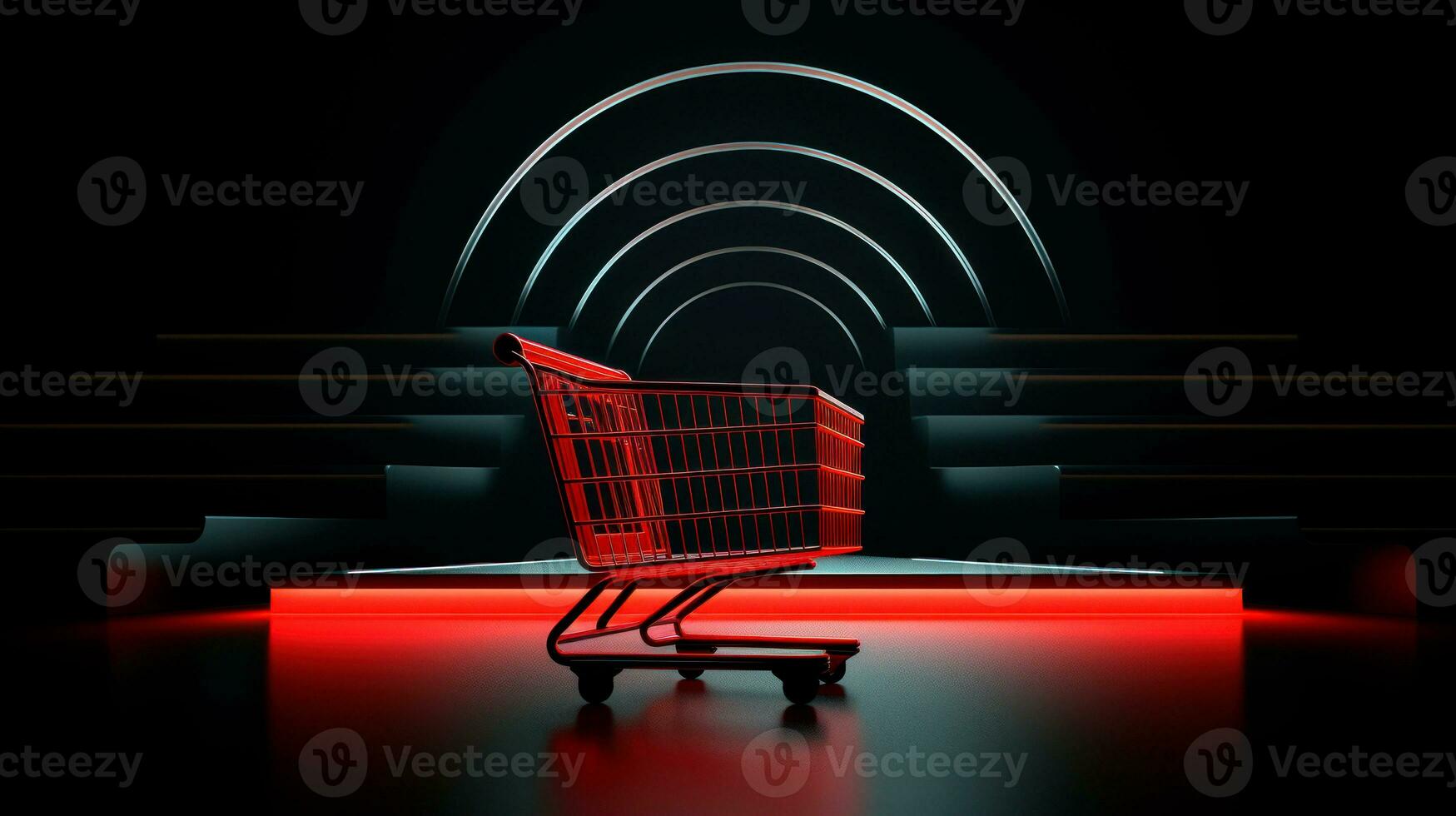 Shopping cart over dark podium and black background. Black Friday concept. Template mockup for text, logo and product presentation. AI Generative photo