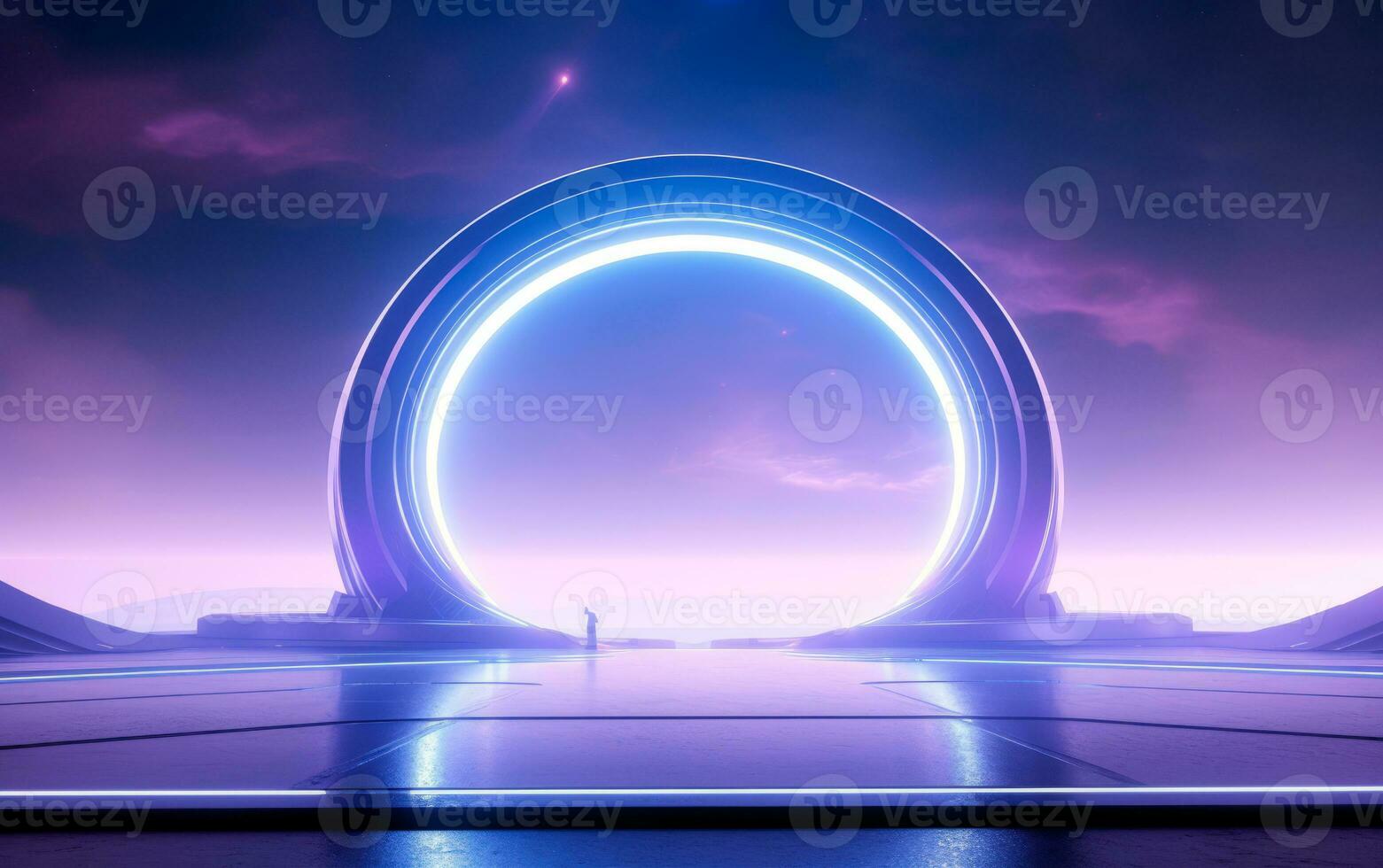 Futuristic purple glowing neon round portal in the desert. Scifi illustration style. AI Generative photo