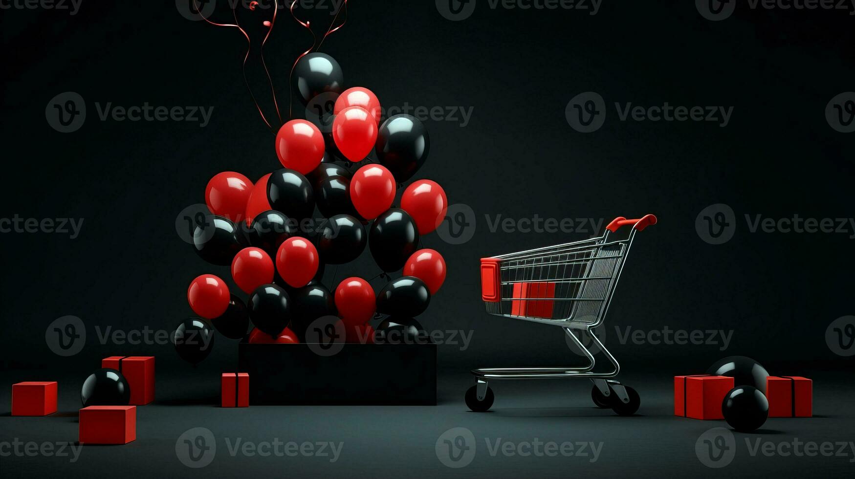 Shopping cart over black background and red and black balloons. Black Friday concept. Template mockup for text, logo and product presentation. AI Generative photo