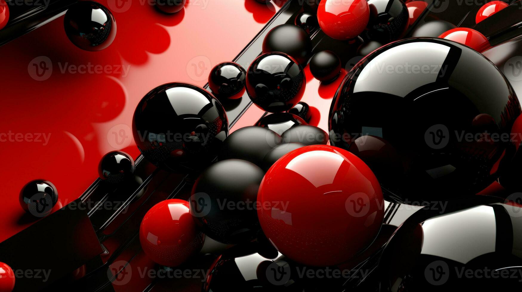 Red and black spheres over red background. Black Friday concept. Template mockup for text, logo and product presentation. AI Generative photo