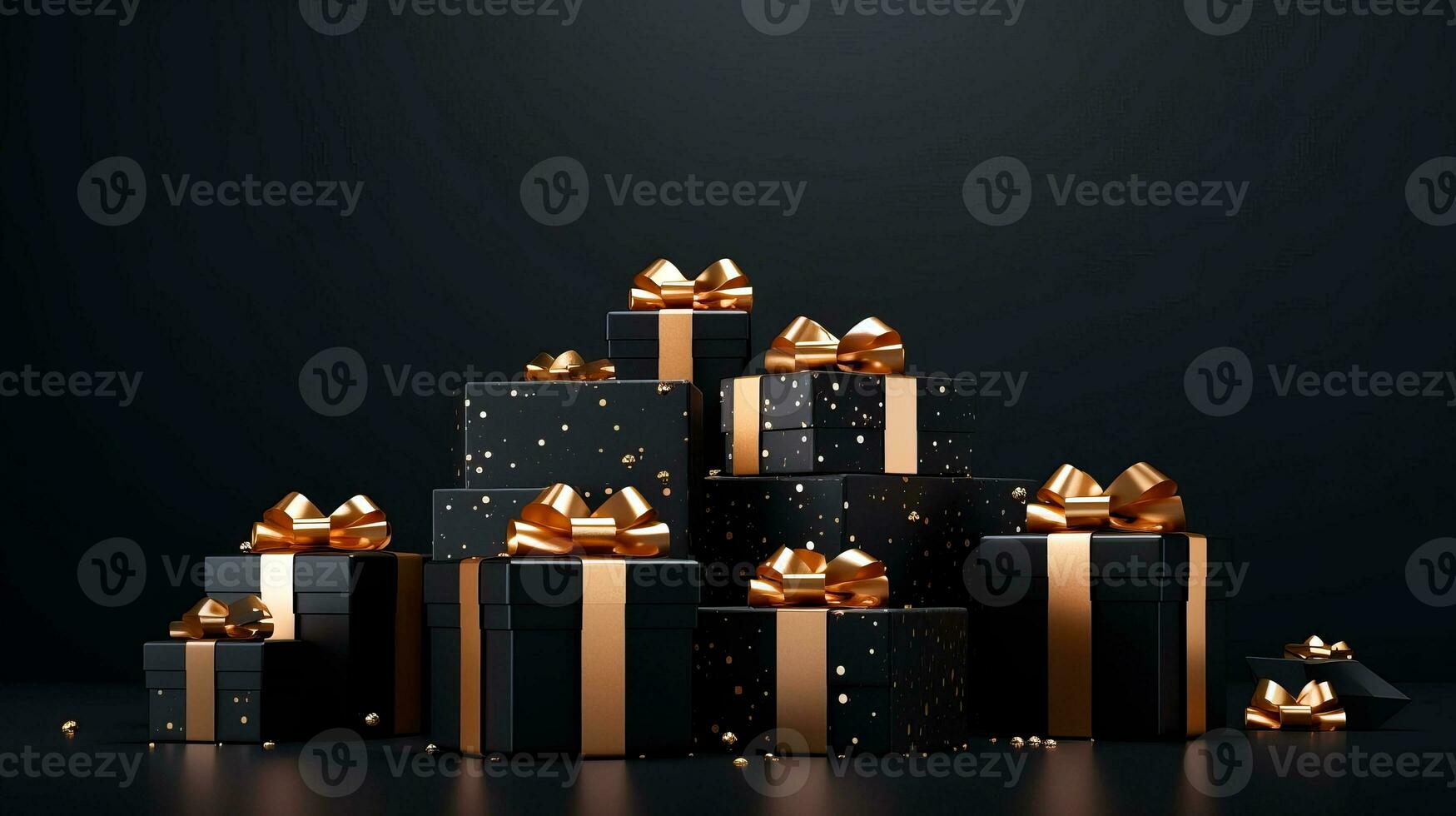 Black background with black gift boxes and golden ribbon bow. Wallpaper with copy space. Black Friday concept. Template mockup for text, logo and product presentation. AI Generative photo