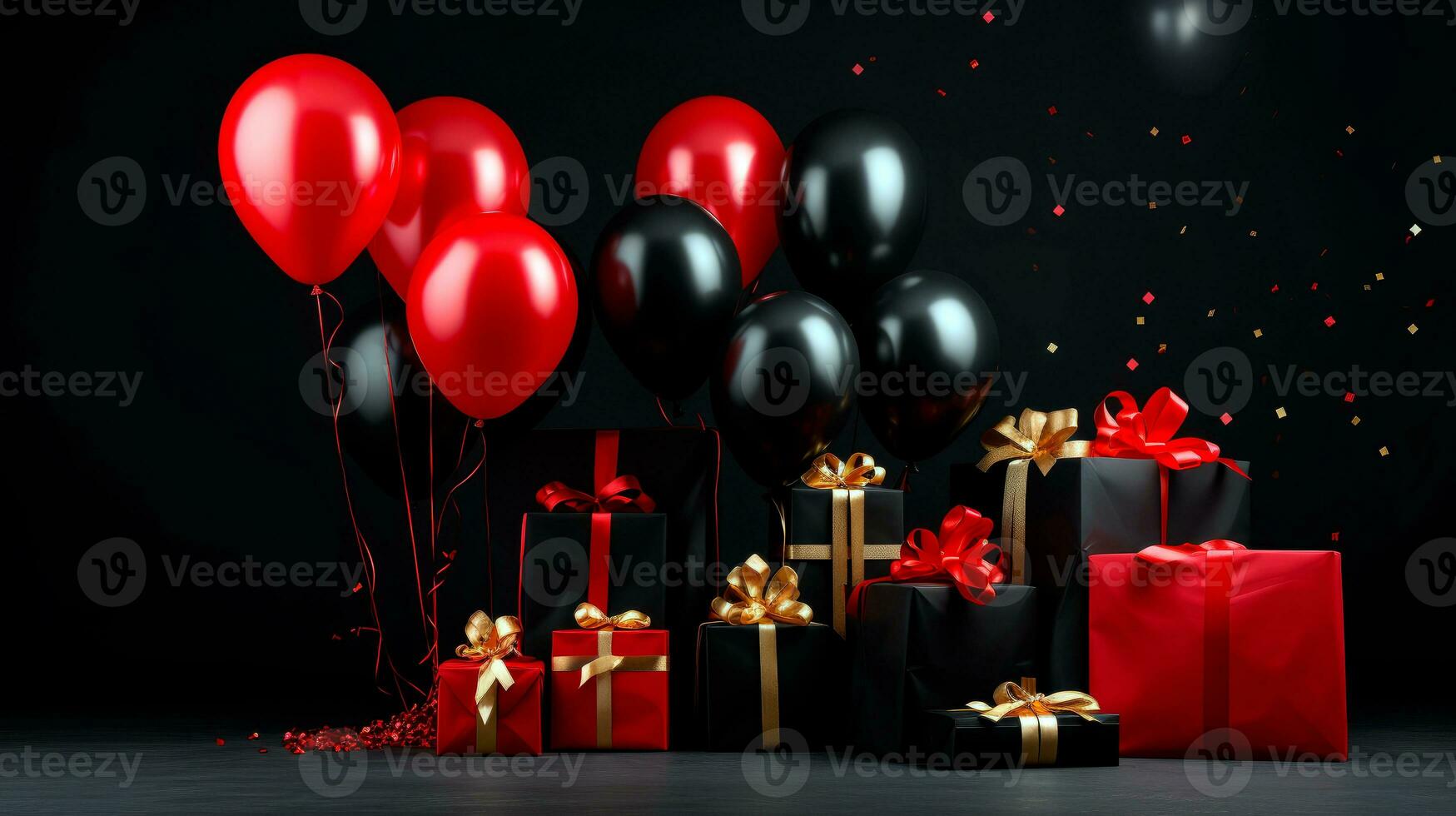 Red and black gifts boxes with balloons over black background. Black Friday concept. Template mockup for text, logo and product presentation. AI Generative photo