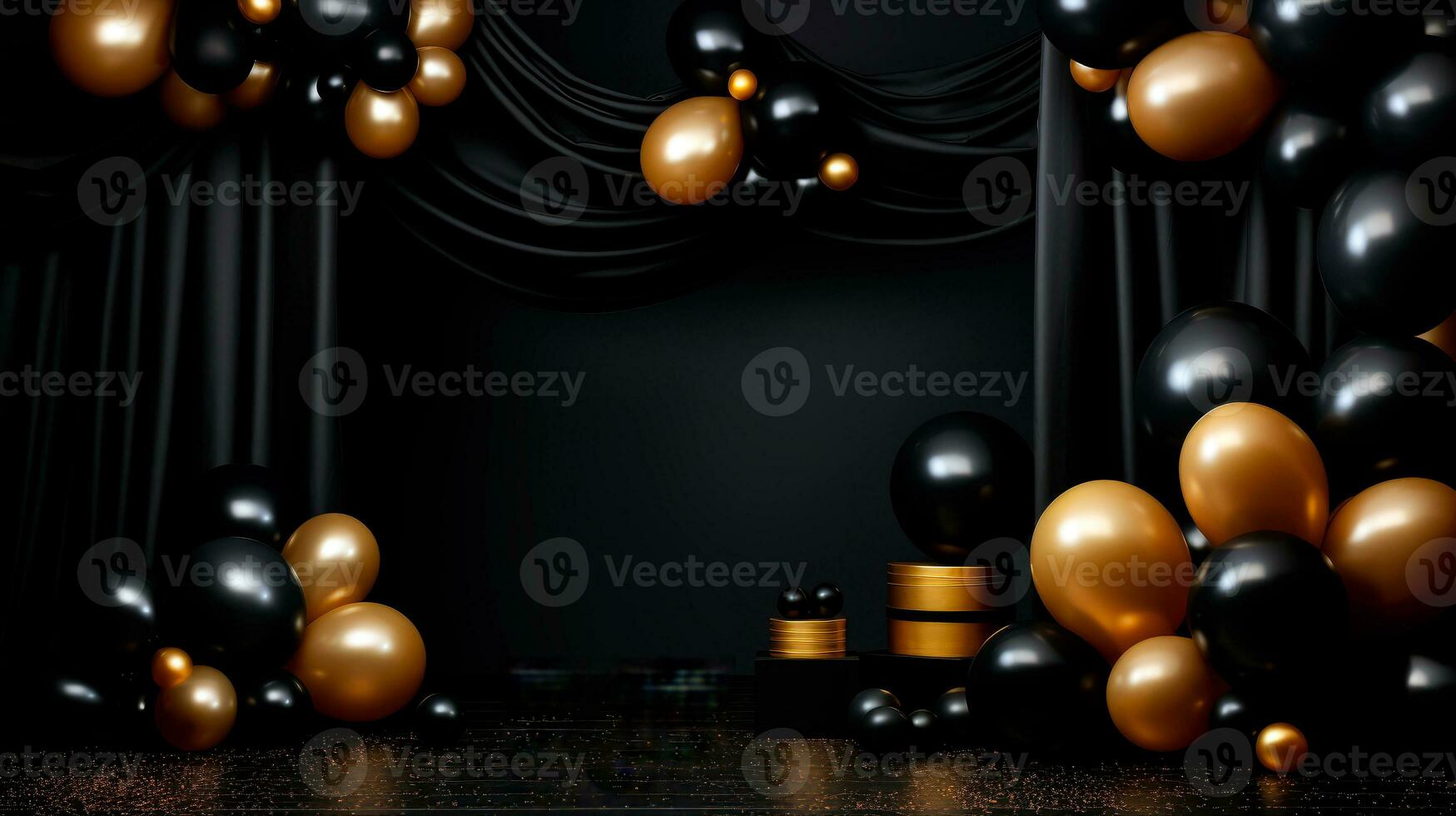 Gold and black spheres over black background. AI Generative Black Friday concept. Template mockup for text, logo and product presentation. photo