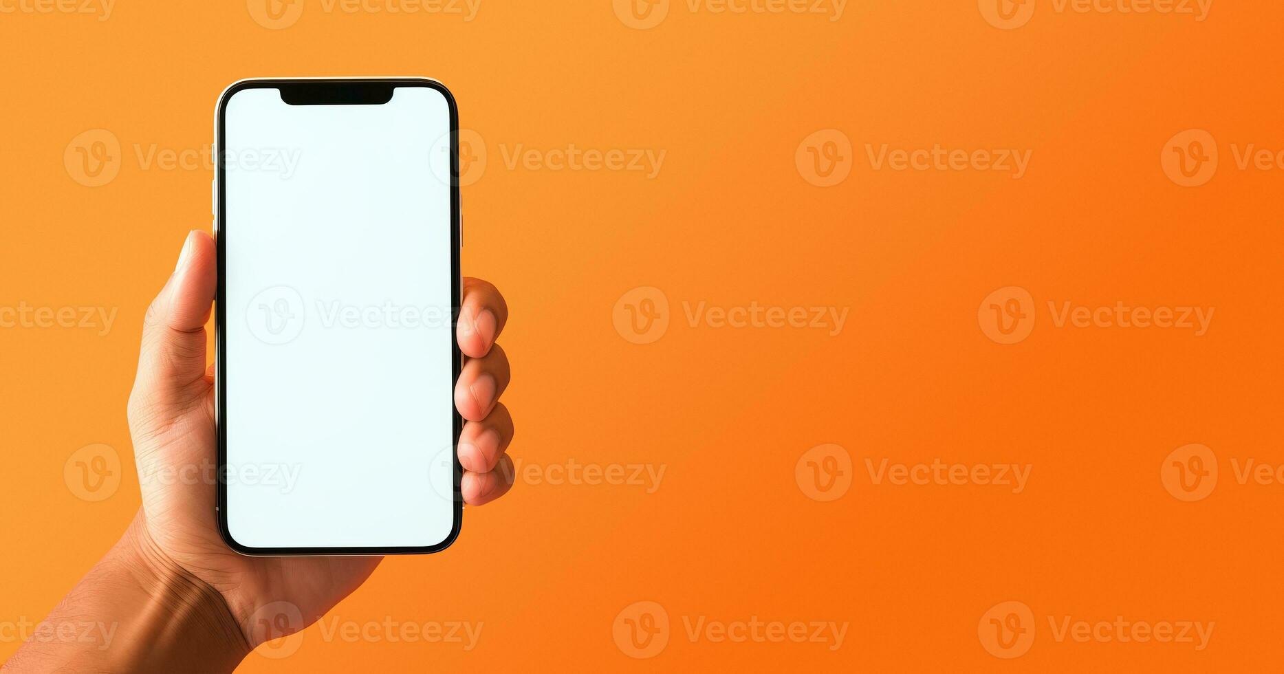 Mockup of hand holding smartphone with blank screen. Colorful orange banner with copy space. AI Generative photo