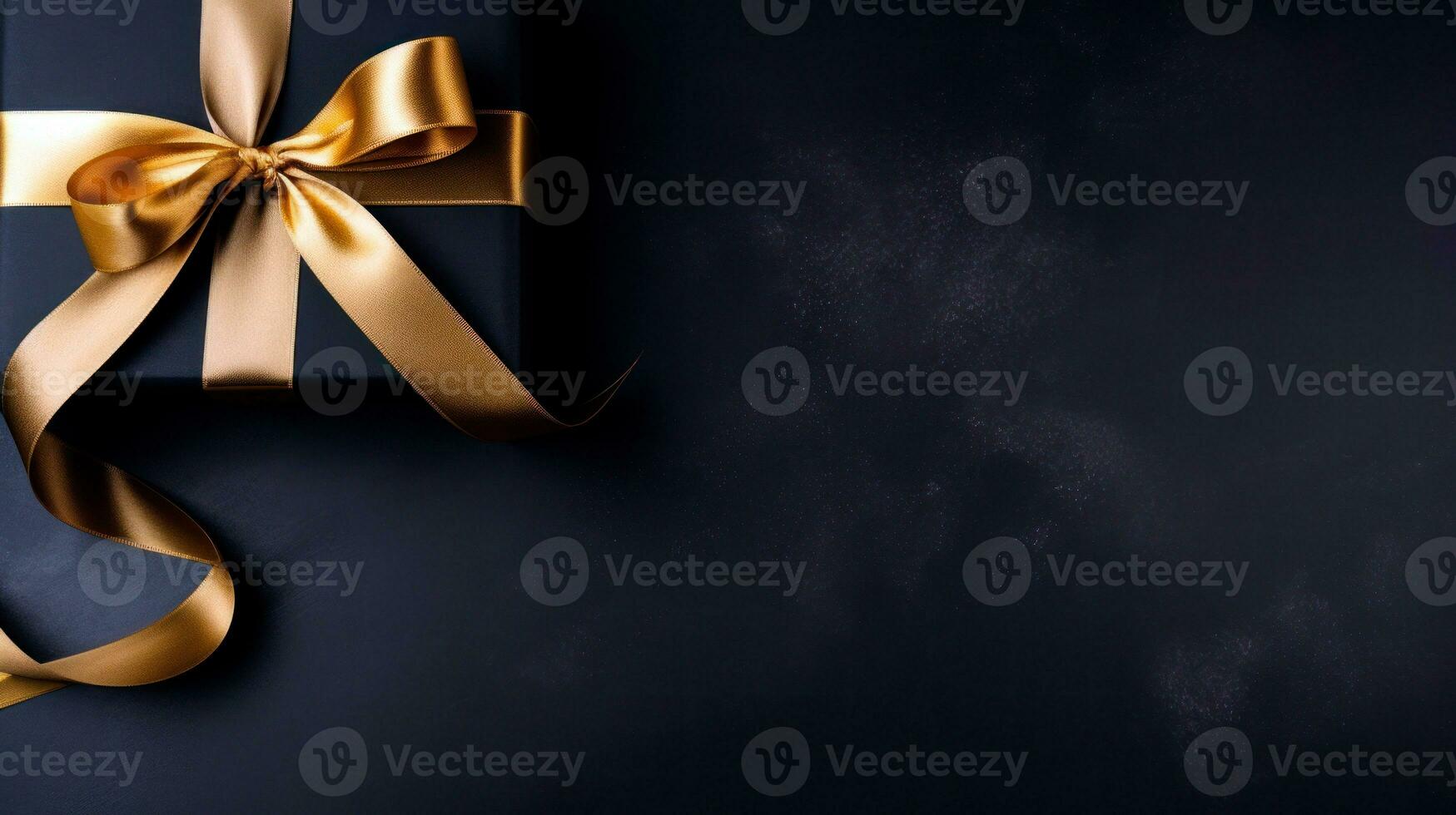 Black background with black gift boxes and golden ribbon bow. Wallpaper with copy space. Black Friday concept. Template mockup for text, logo and product presentation. AI Generative photo