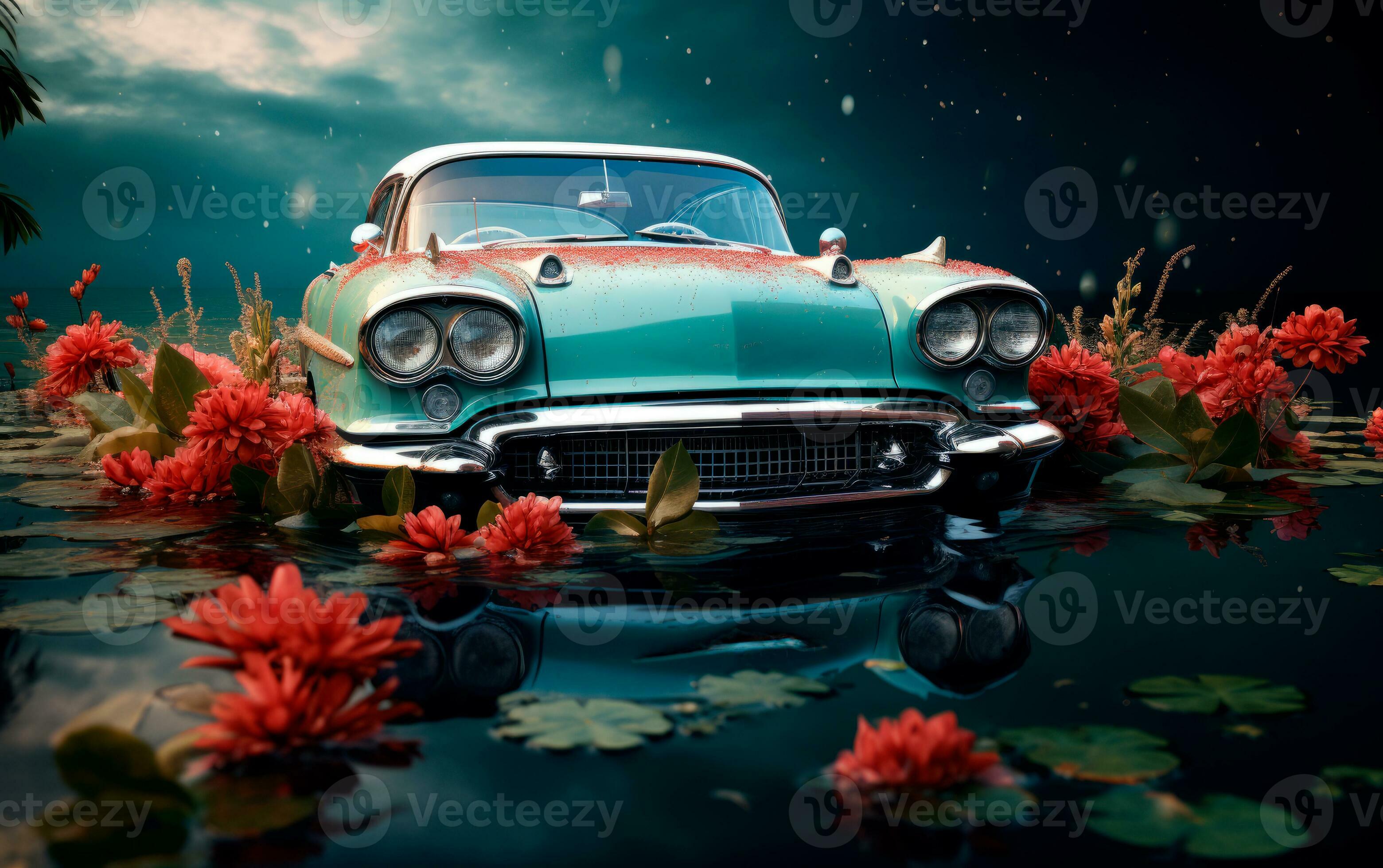 Vintage classic car floating in water between water lilies. 33332859