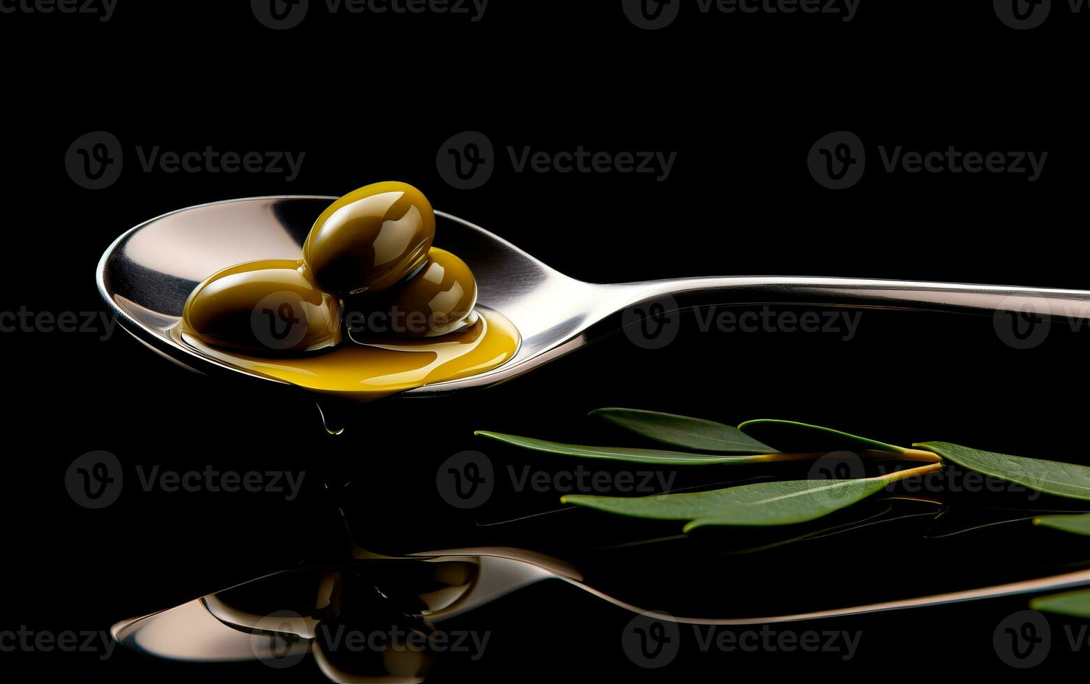 Spoon with virgin olive oil and dark background. AI Generative photo