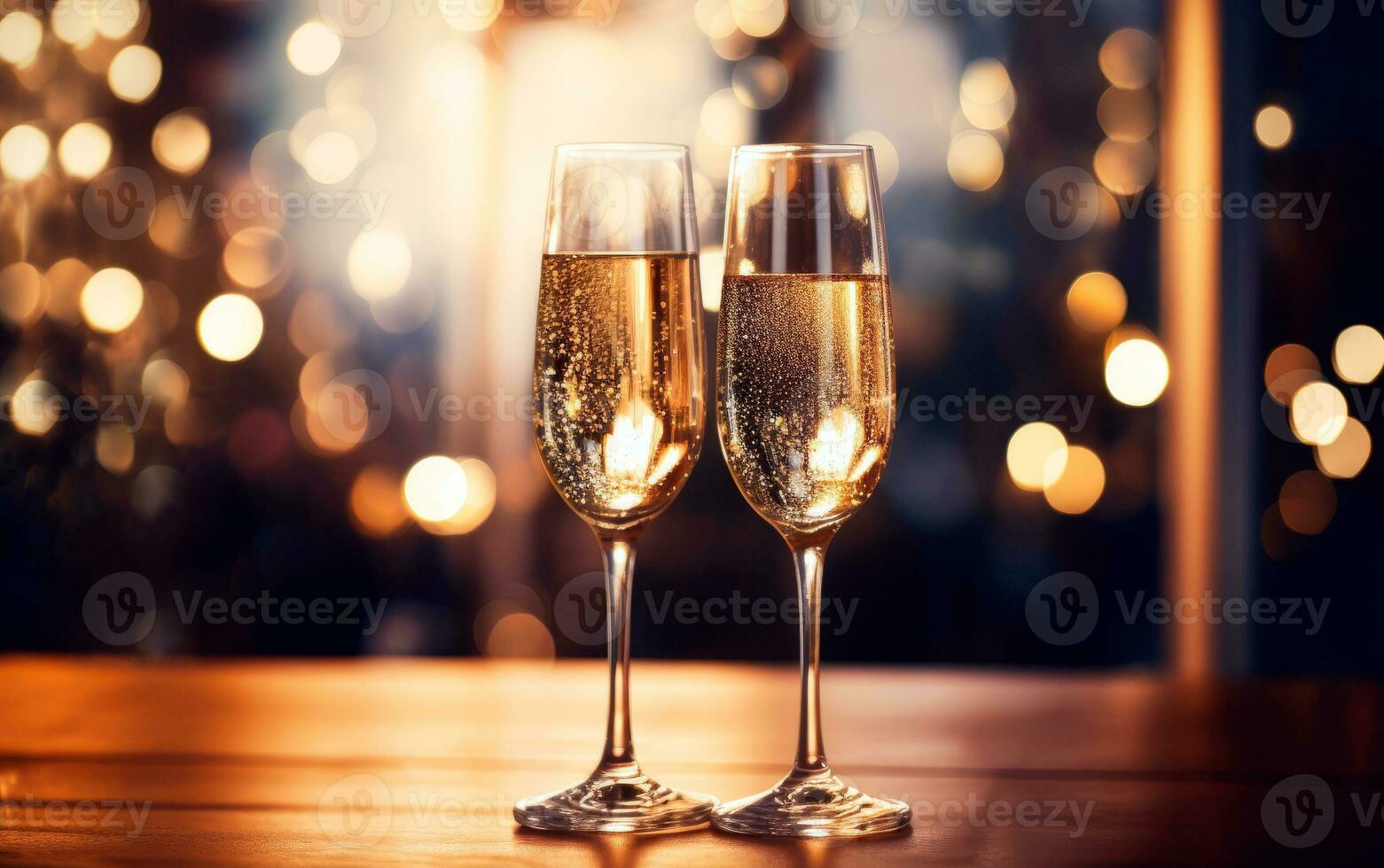 Celebration with champagne. Two glasses of champagne with confetti, glitter, serpentine and lights. New Years Eve concept. AI Generative photo