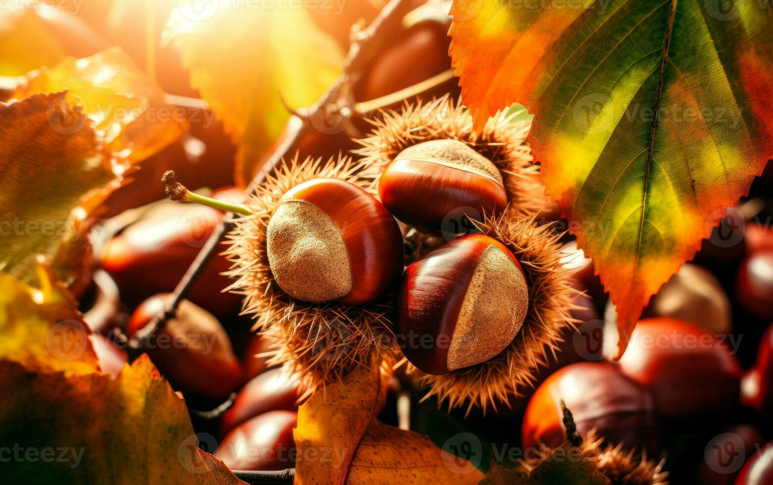 Closeup of fresh chestnuts on vibrant autumn forest. AI Generative photo