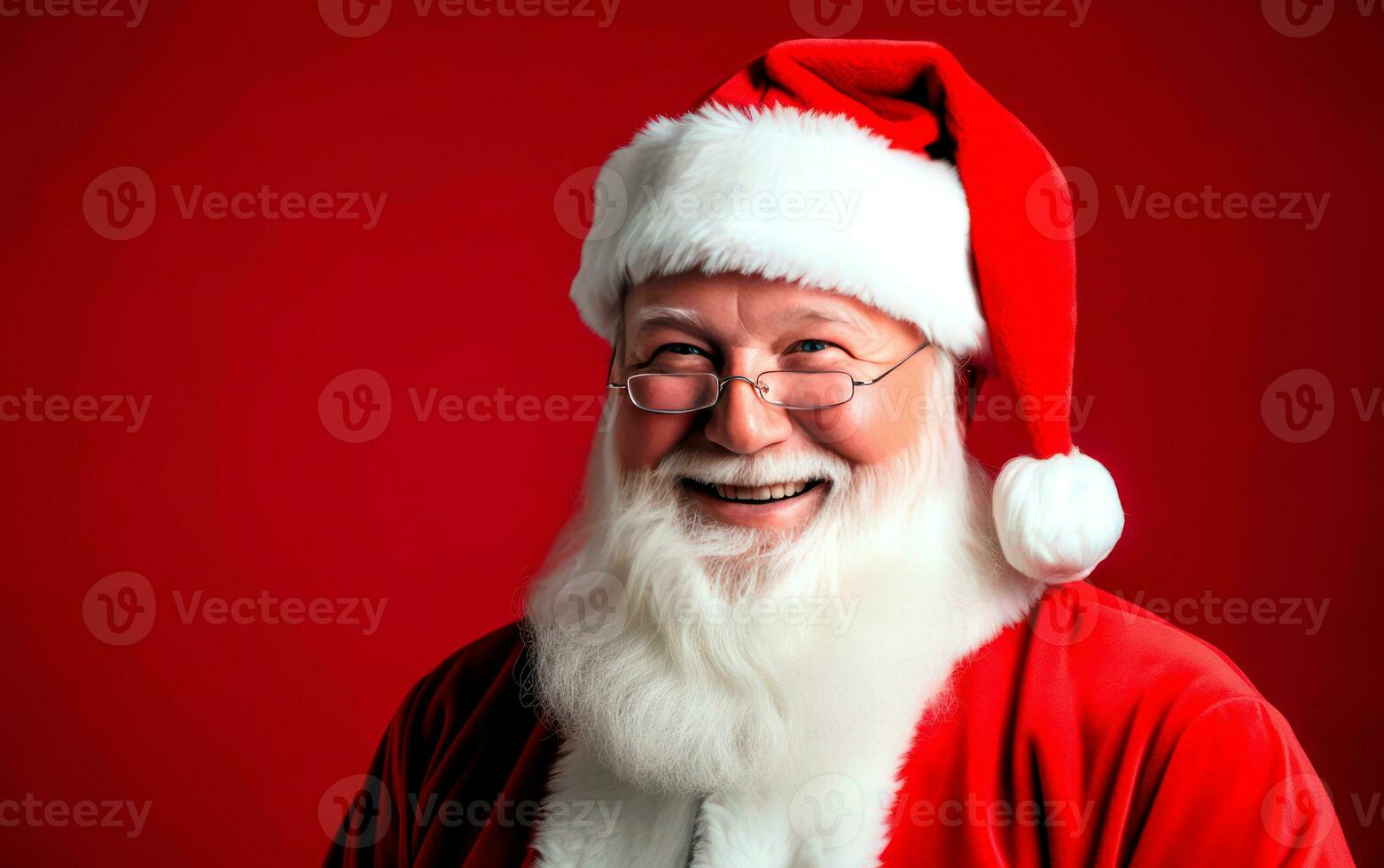Cheerful Santa Claus portrait over red background. Merry Christmas concept. AI Generative photo