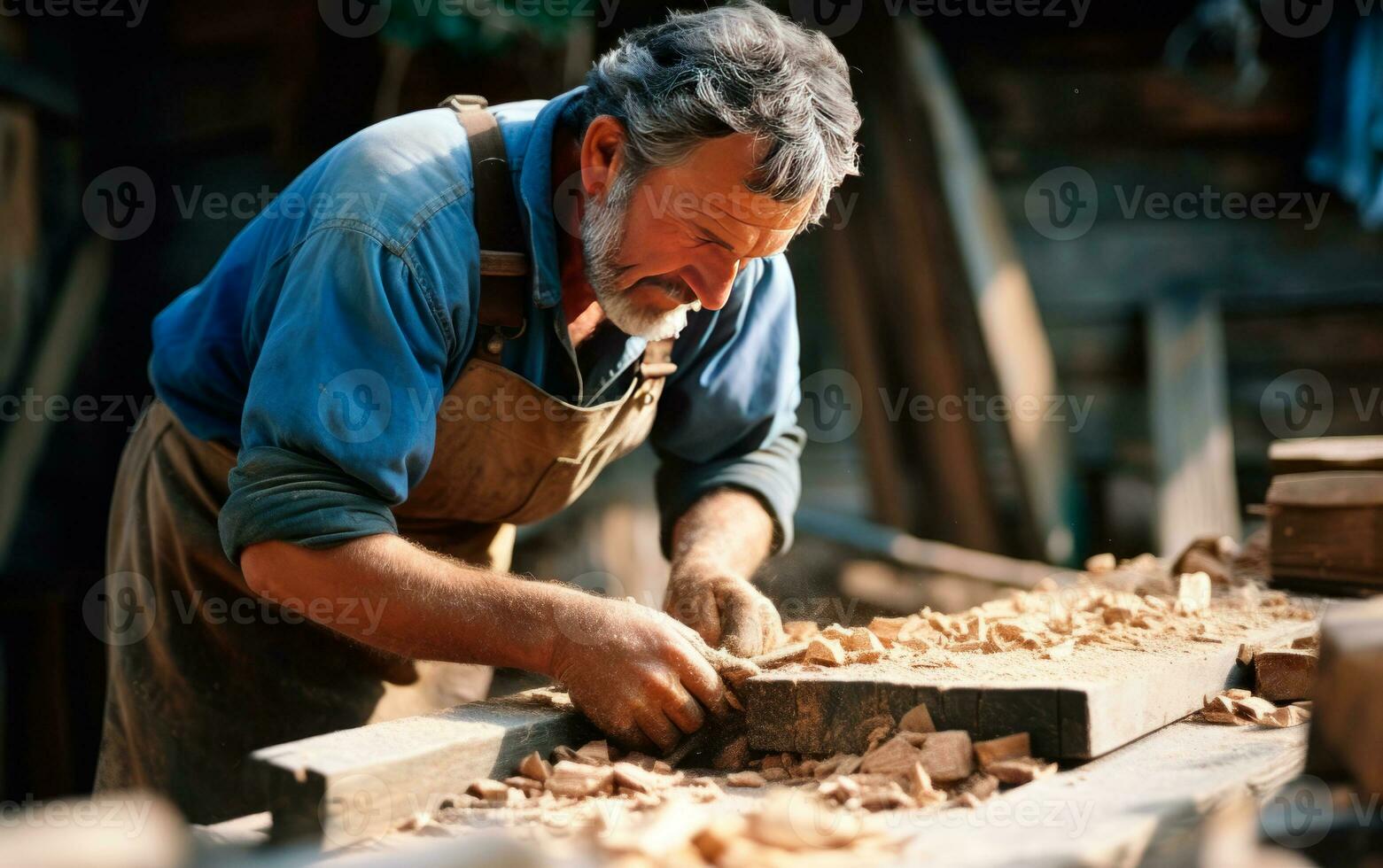 Carpenter in his workshop working with wood. Closeup photo of the process. AI Generative