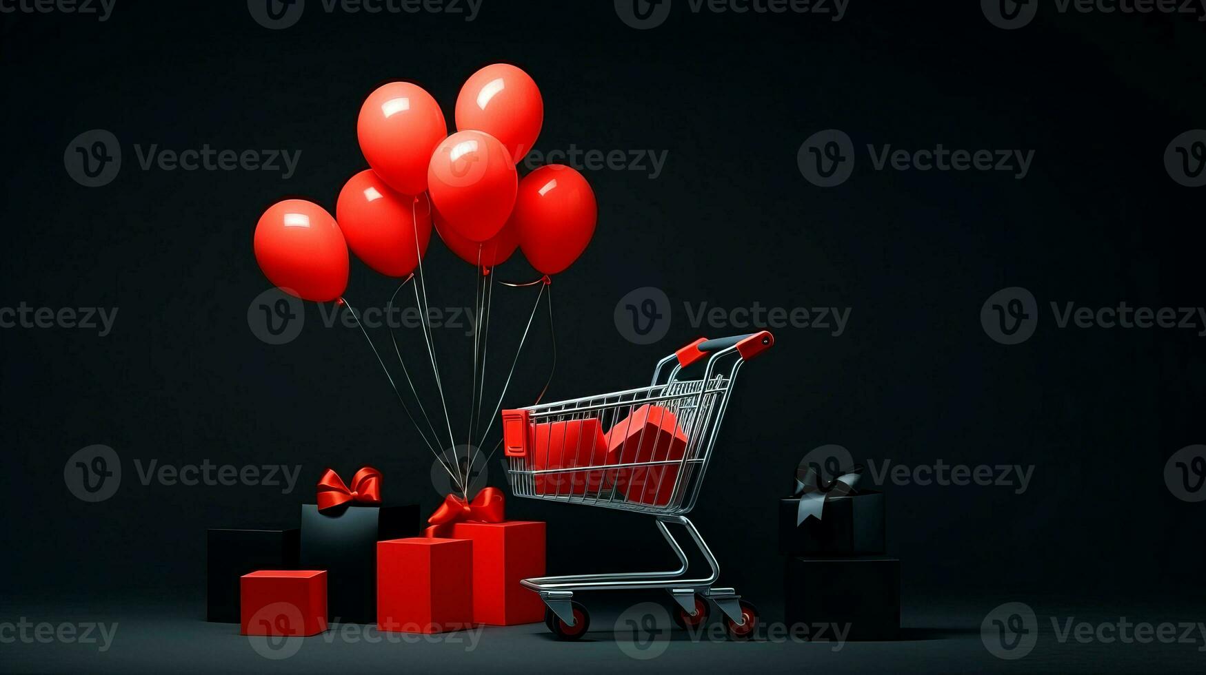 Shopping cart over black background and red and black balloons. Black Friday concept. Template mockup for text, logo and product presentation. AI Generative photo