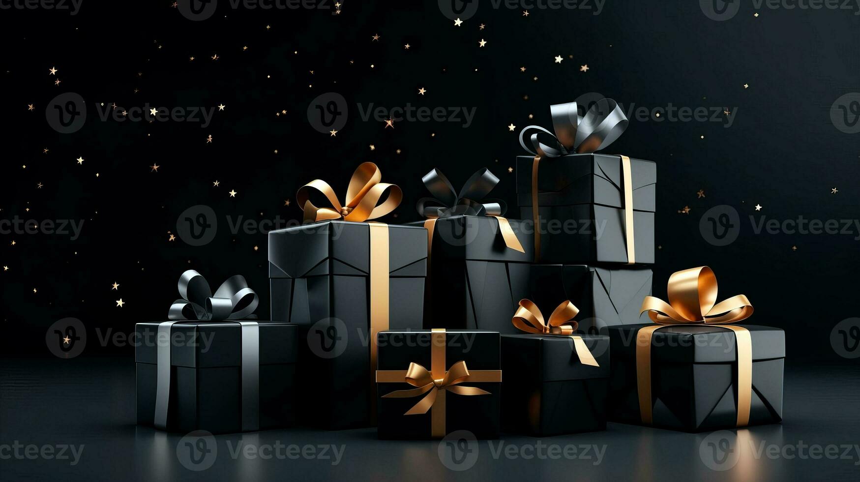 Black background with black gift boxes and golden ribbon bow. Wallpaper with copy space. Black Friday concept. Template mockup for text, logo and product presentation. AI Generative photo