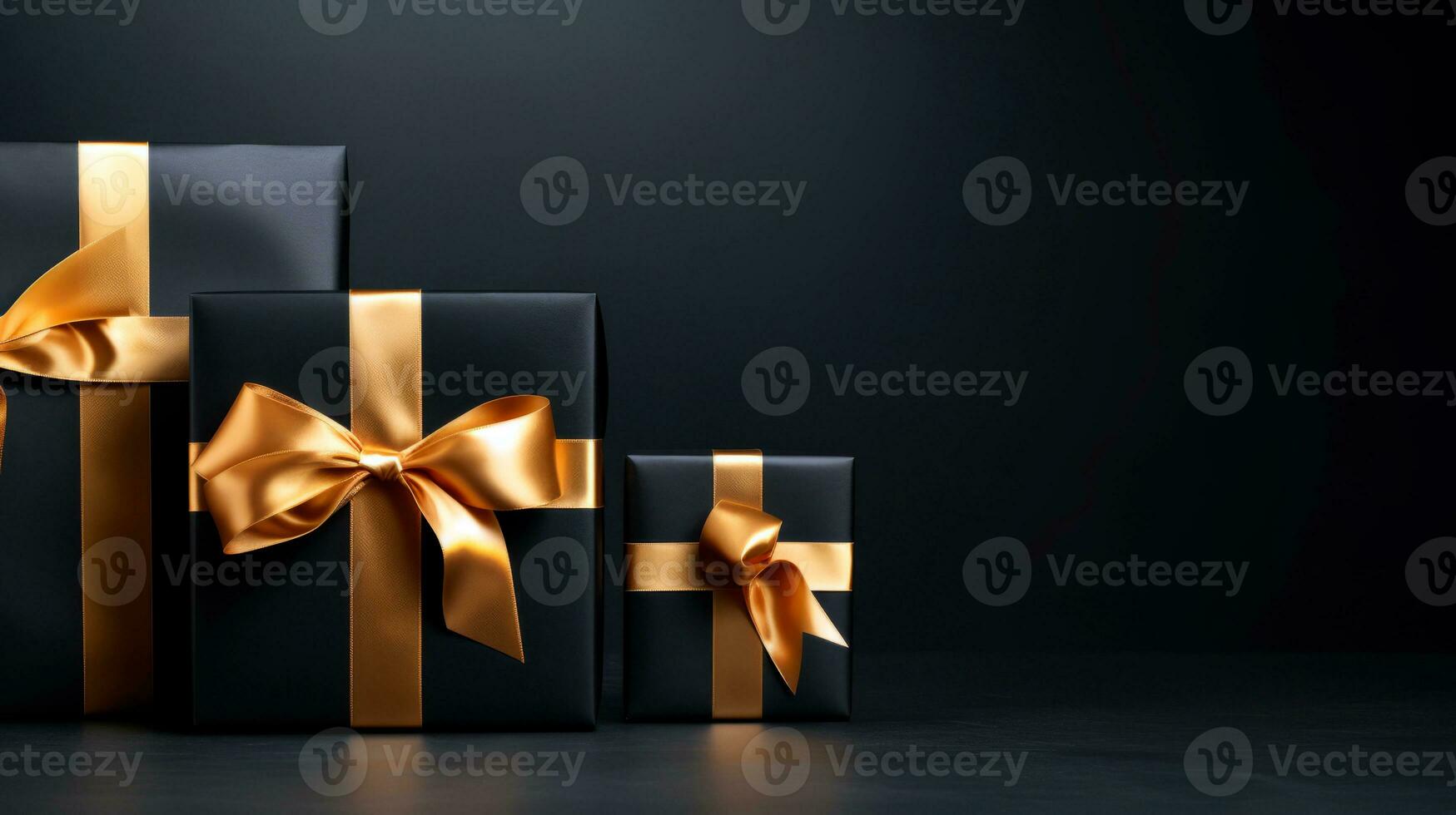 Black background with black gift boxes and golden ribbon bow. Wallpaper with copy space. Black Friday concept. Template mockup for text, logo and product presentation. AI Generative photo