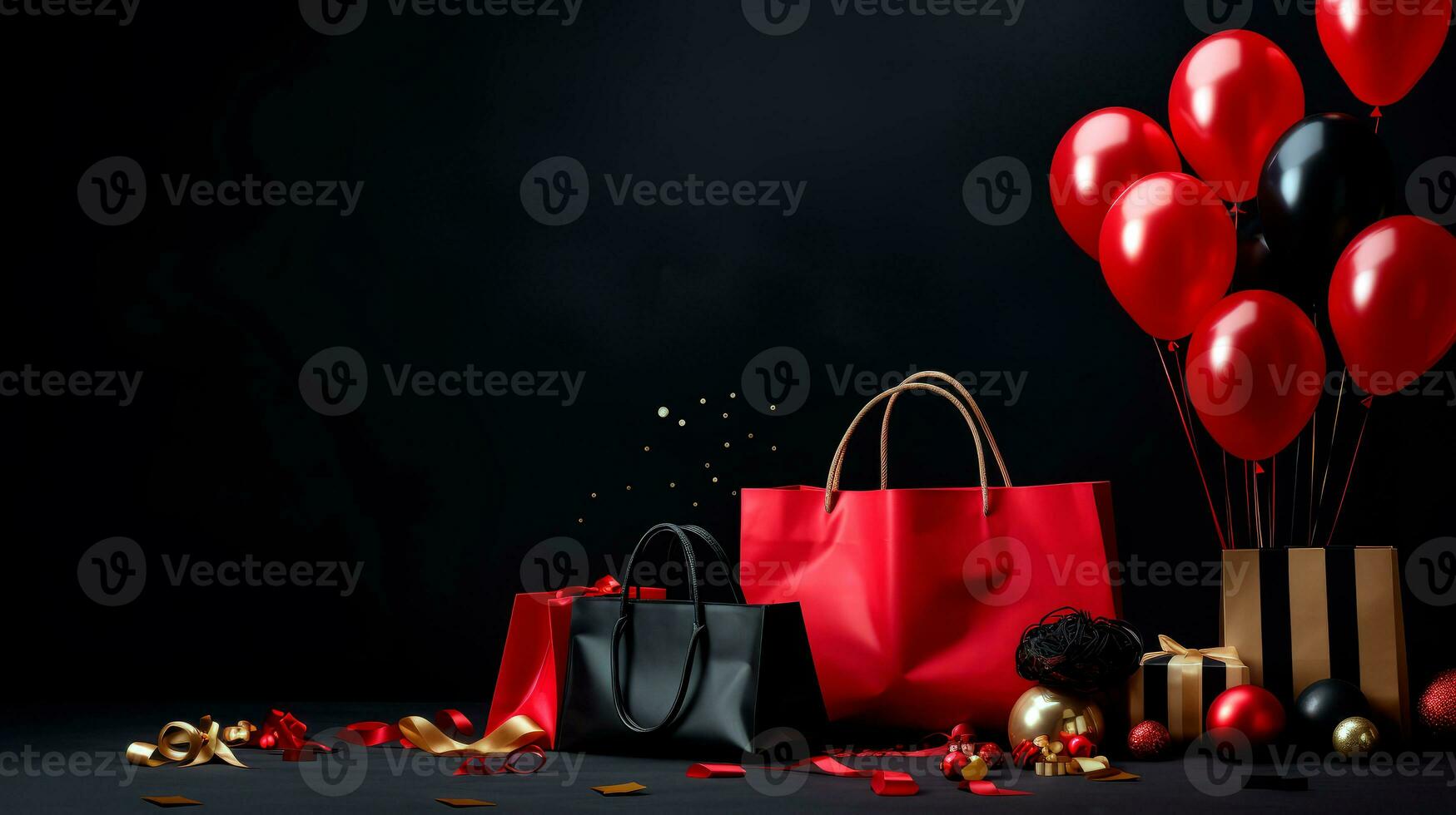 Red and black gifts boxes with balloons over black background. Black Friday concept. Template mockup for text, logo and product presentation. AI Generative photo