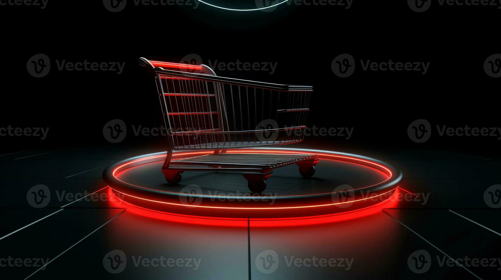 Shopping cart over dark podium and black background. Black Friday concept. Template mockup for text, logo and product presentation. AI Generative photo