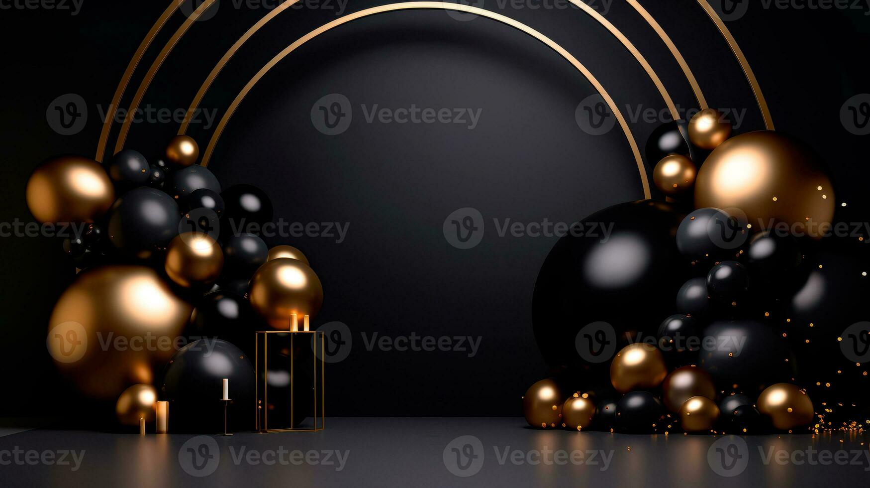 Gold and black spheres over black background. Black Friday concept. Template mockup for text, logo and product presentation. AI Generative photo