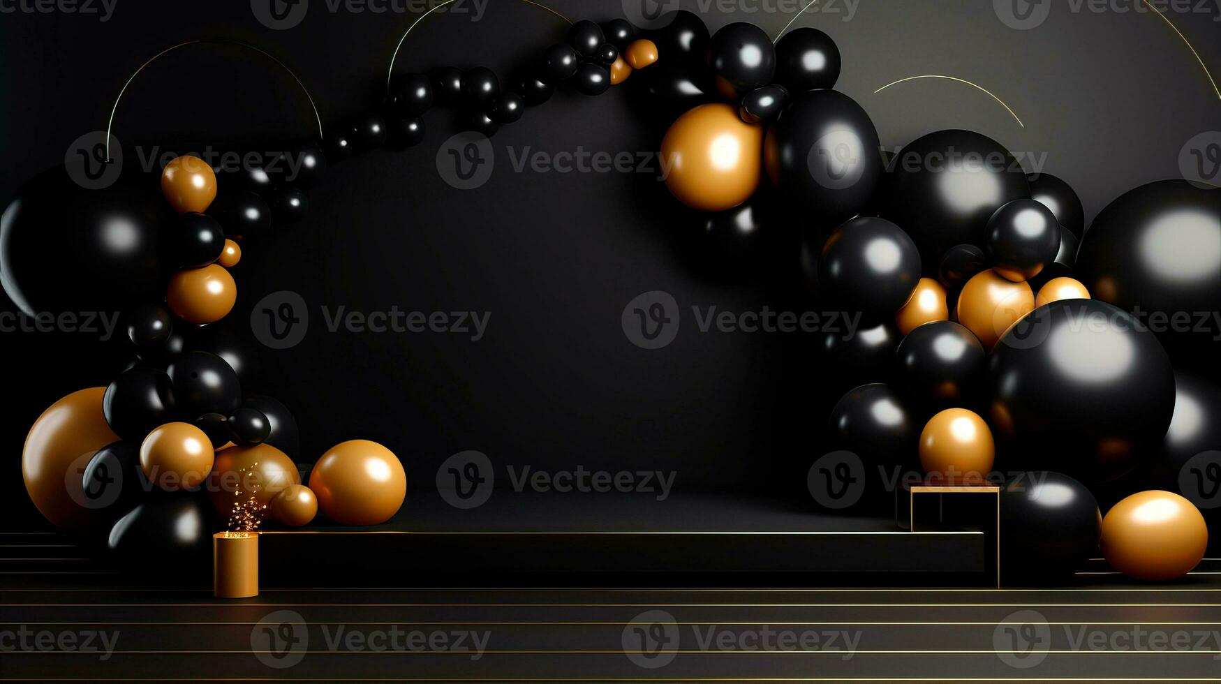 Gold and black spheres over black background. Black Friday concept. Template mockup for text, logo and product presentation. AI Generative photo
