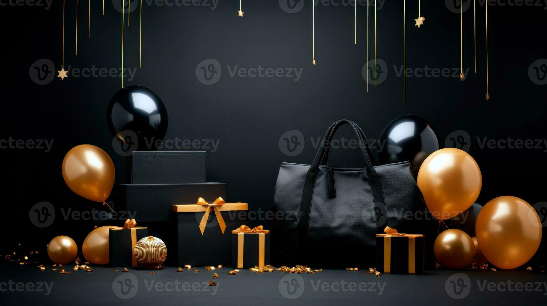 Black background with black gift boxes and golden ribbon bow. Wallpaper with copy space. Black Friday concept. Template mockup for text, logo and product presentation. AI Generative photo