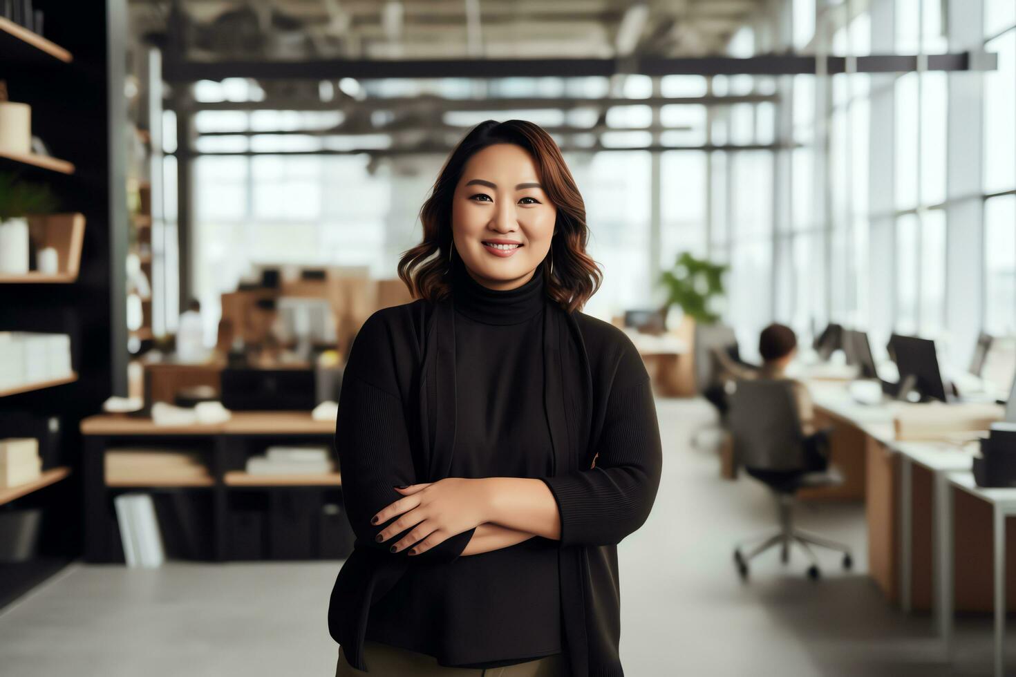 Plus size manager asian businesswoman CEO confident and standing front of modern office,AI Generated photo