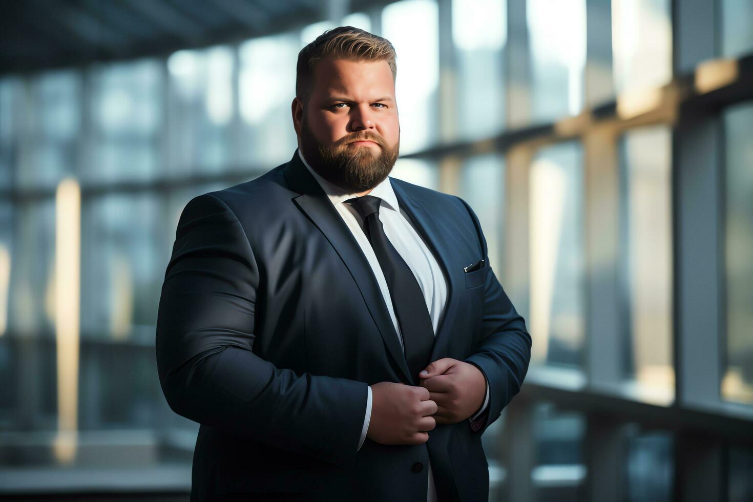 plus size manager businessman CEO confident and standing front of modern office,AI Generated photo