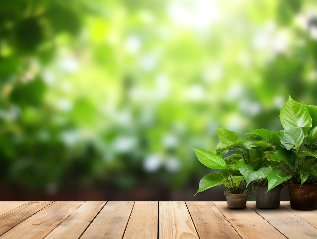 Abstract blank wooden tabletop over blurred green plant in garden background with morning sunlight,AI Generated photo