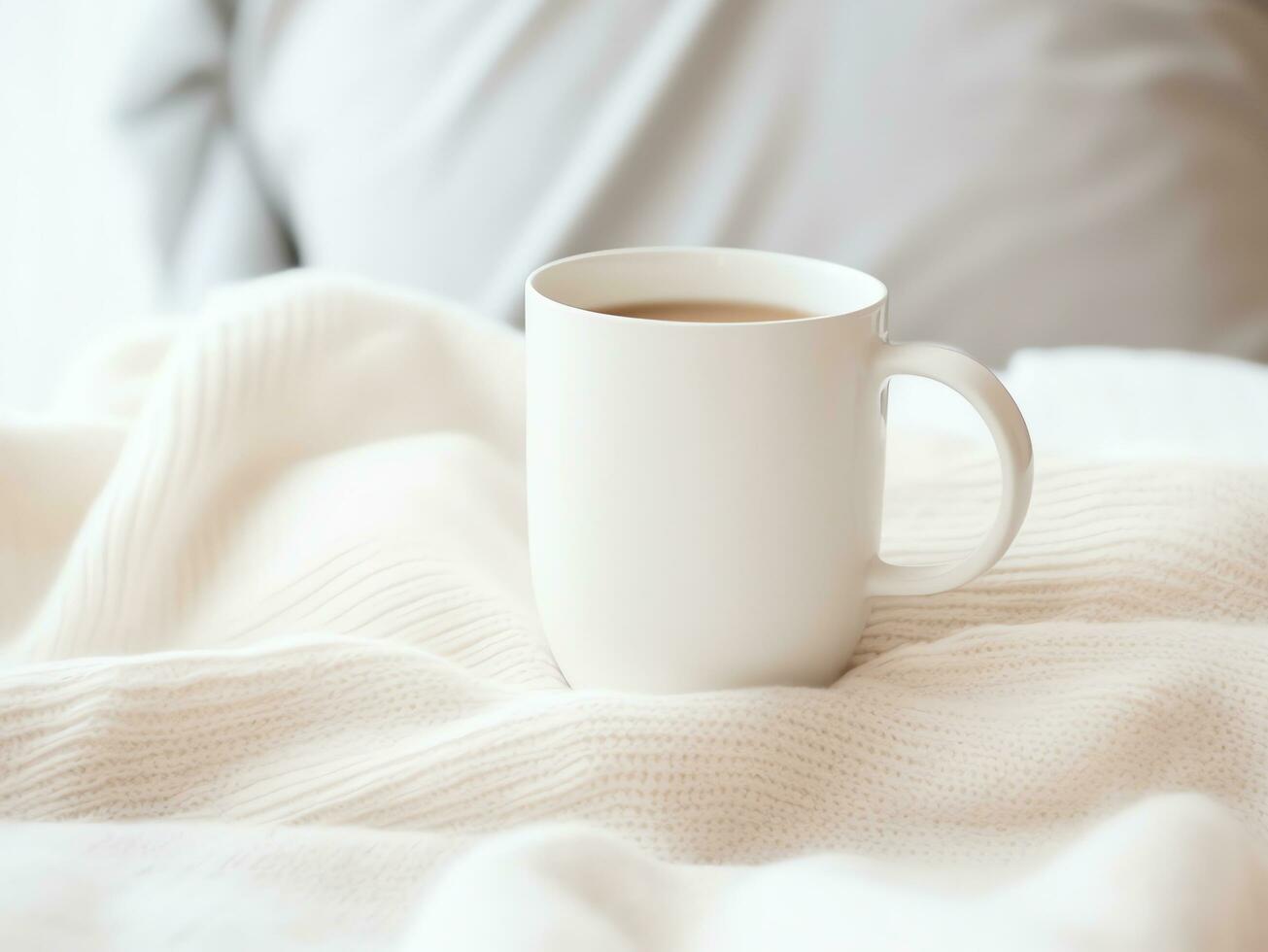 Blank empty white coffee mug mockup on warm knitted clothes in autumn and winter season,AI Generated photo