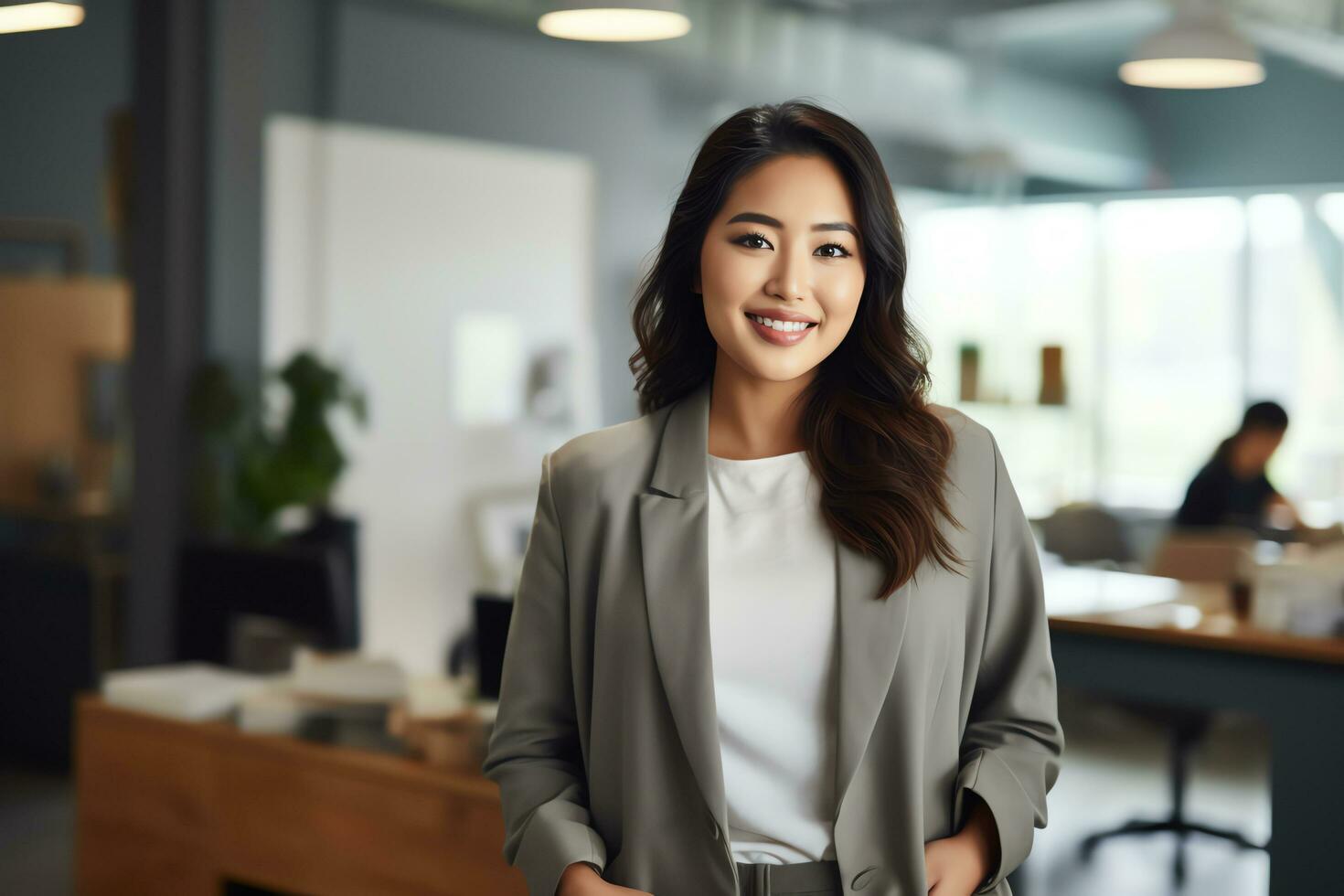 Attractive asian businesswoman CEO confident and staning front of modern office,AI Generated photo