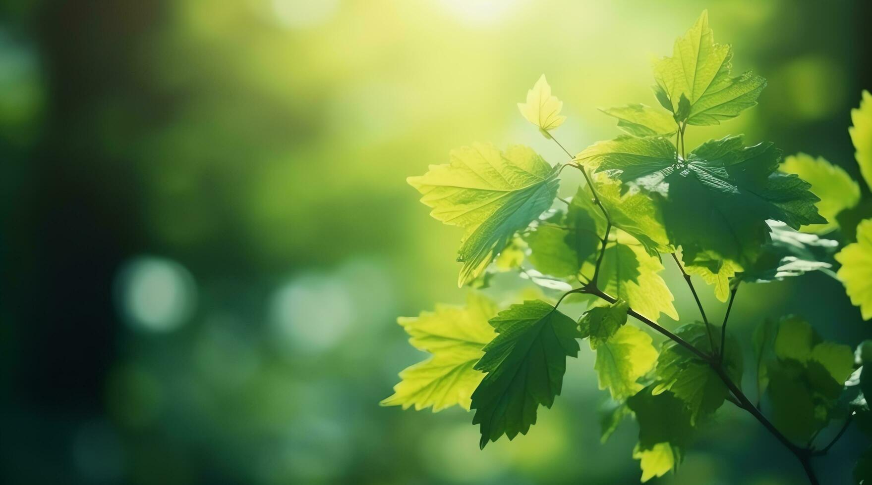 Tree branch with leaves in front of warm sunny light blurred background, spring and summer concept with copy space, AI Generated photo